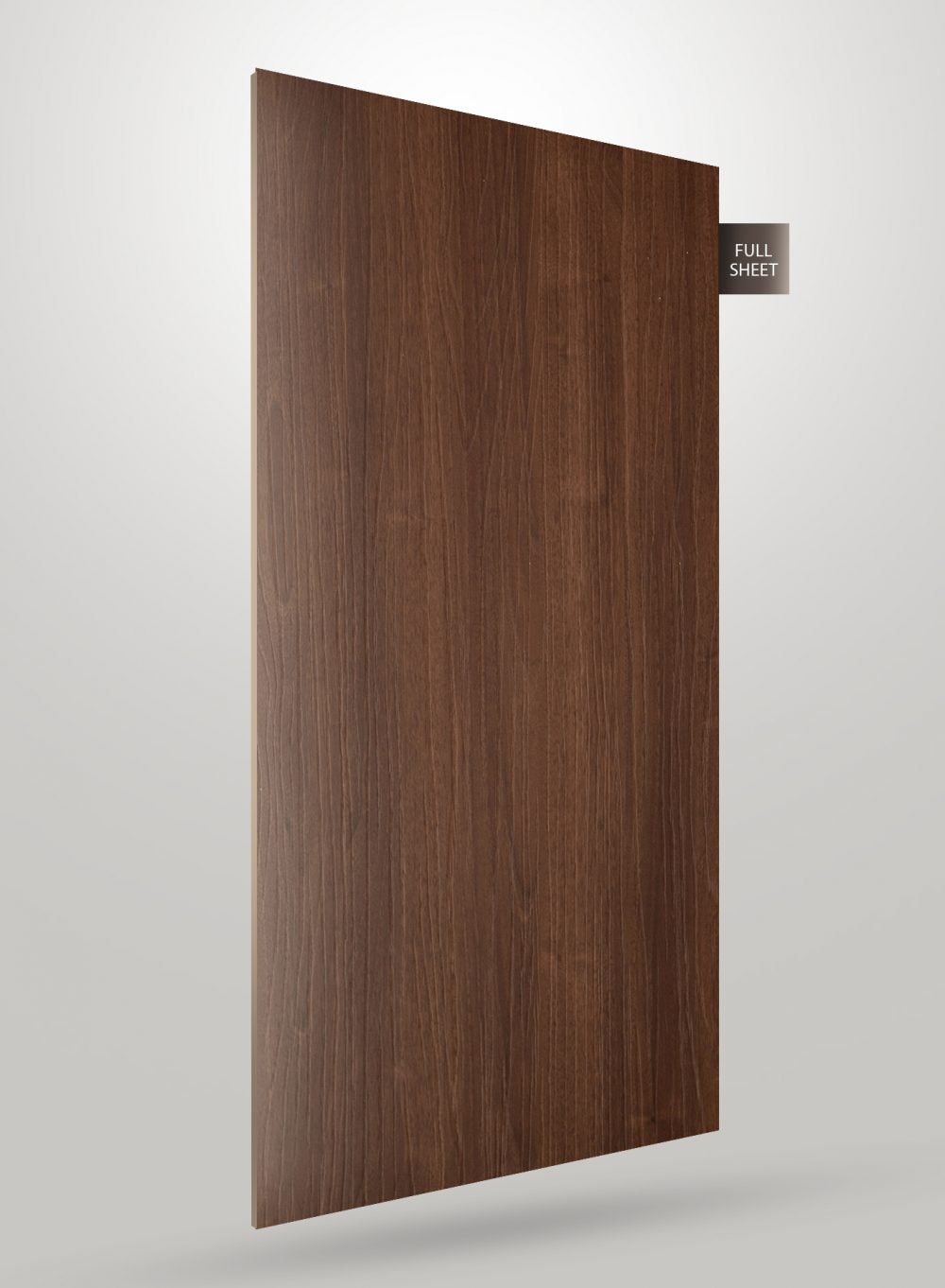 Brown wood grain decorative laminate sheet with matte finish and visible wood texture, labeled full sheet.