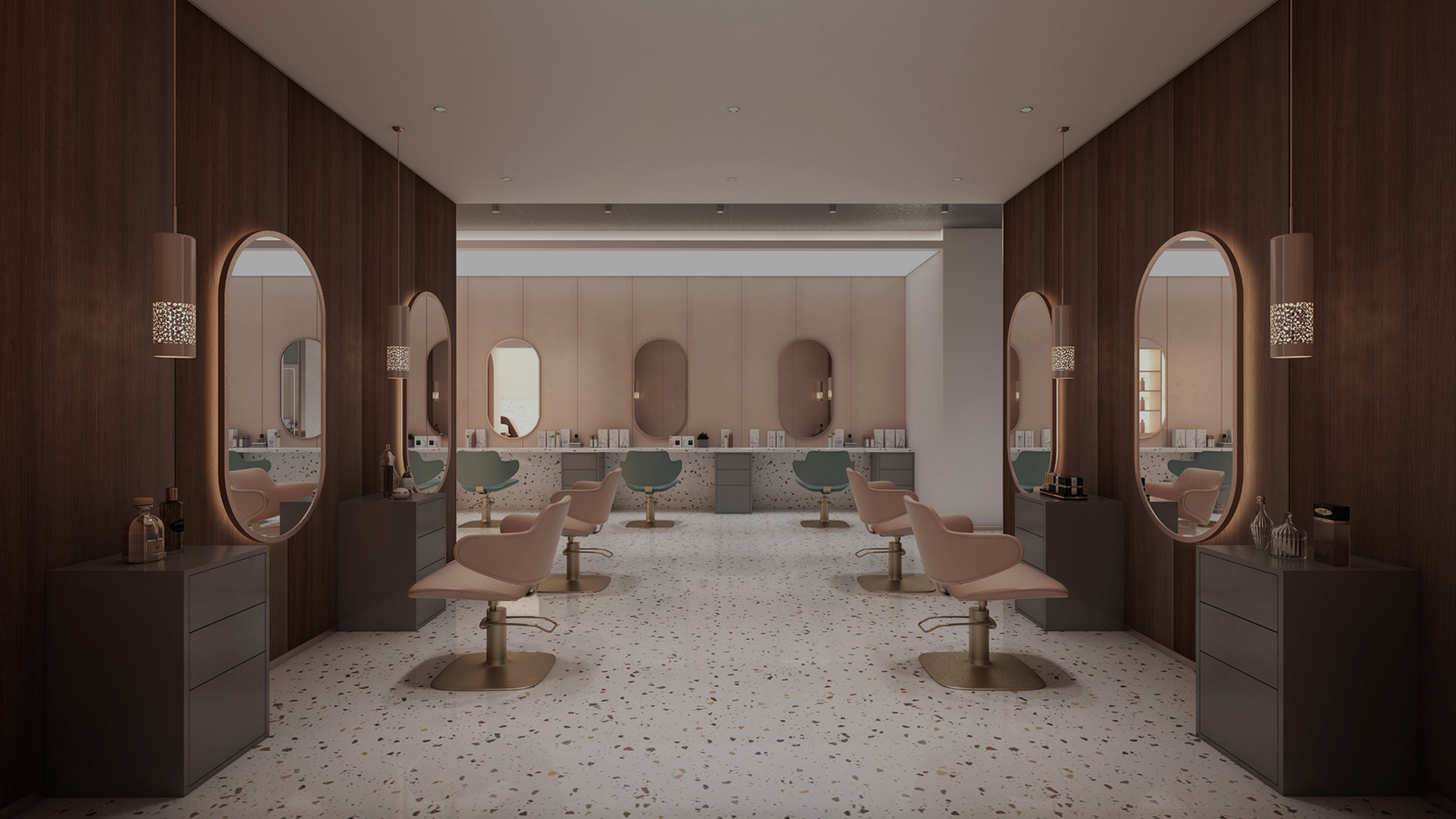 Dark wood laminate wall with matte finish in a modern salon interior with terrazzo floor and beige chairs