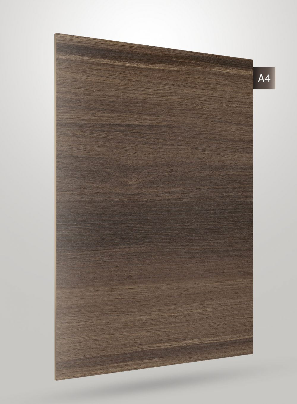 Brown wood grain decorative laminate with matte finish and visible texture, labelled A4.
