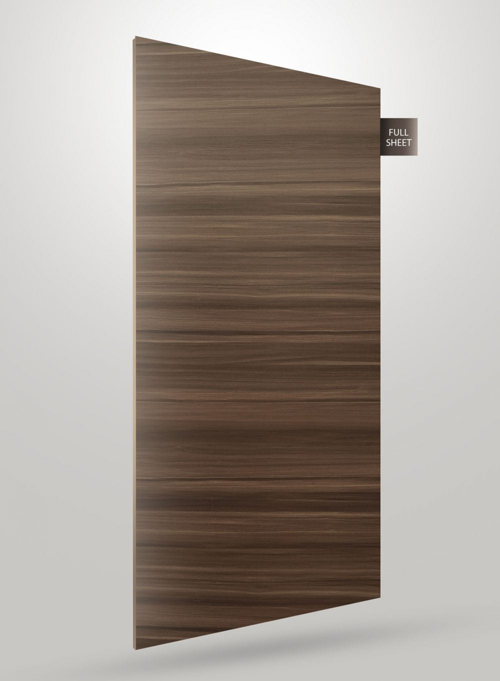Brown wood grain laminate sheet with matte finish and striped pattern, labeled full sheet.