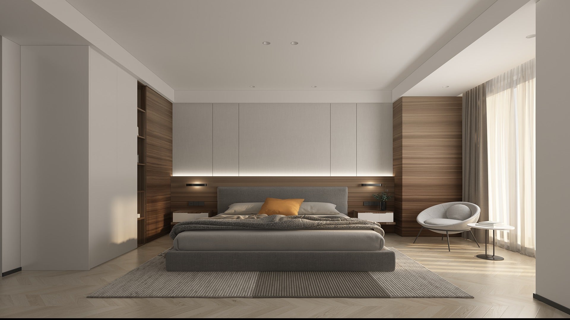 Wood laminate wall panels with matte finish in modern bedroom interior with gray bed and minimalist decor.