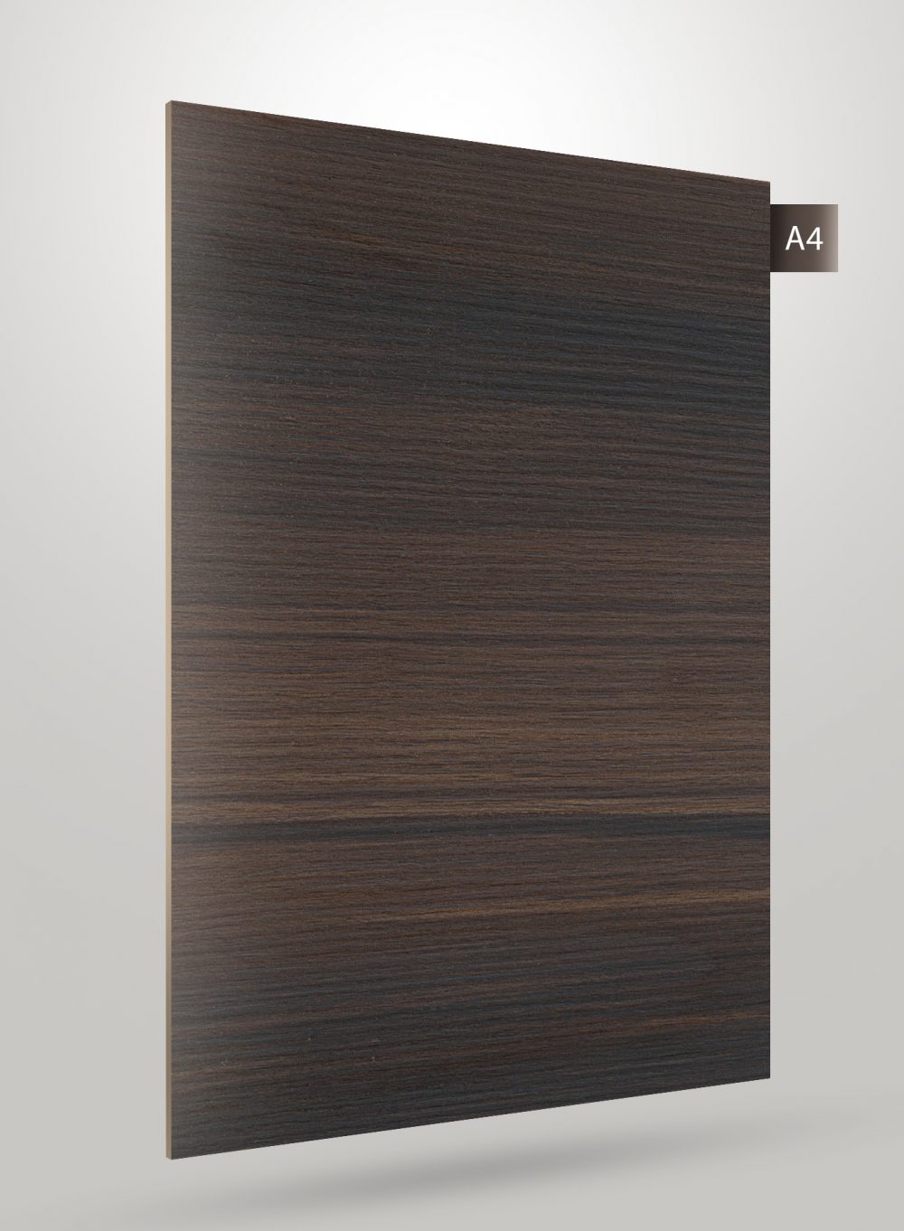 Dark brown wood grain decorative laminate with matte finish and horizontal texture pattern on a white background.