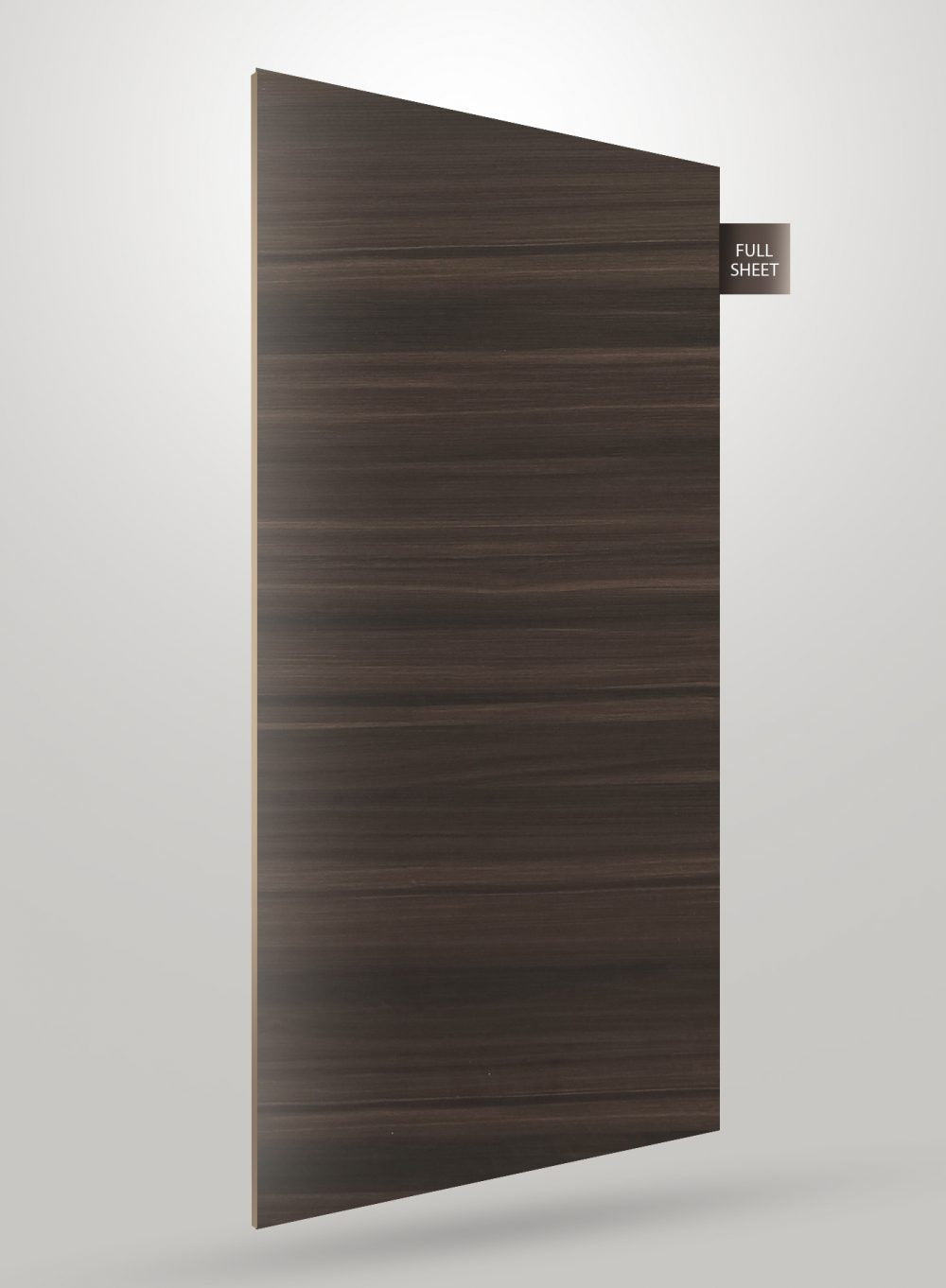 Dark brown wood grain decorative laminate sheet with matte finish and visible texture, shown as full sheet.