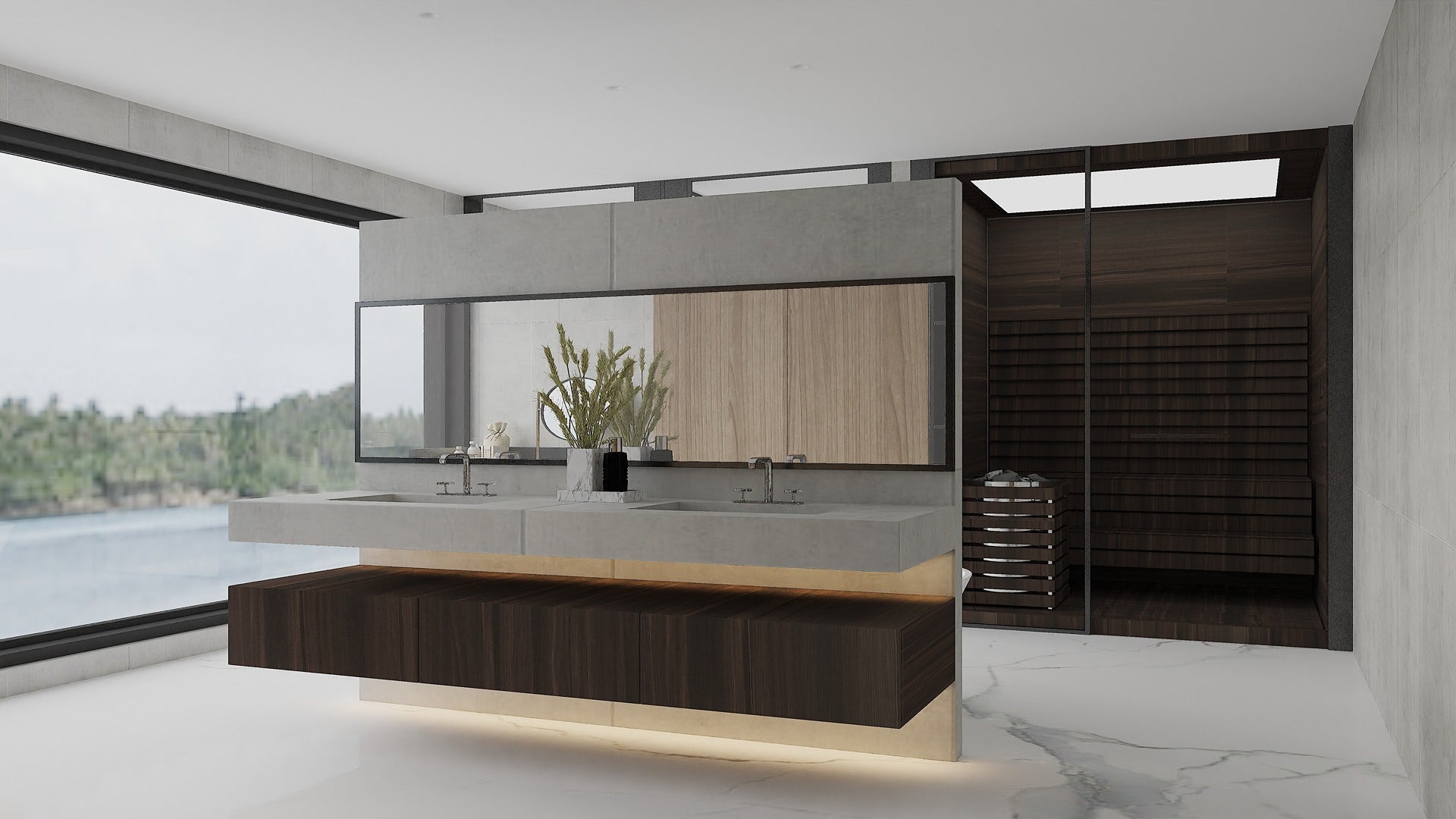 Dark wood laminate cabinet and light wood panel in modern bathroom with large window and serene lake view background