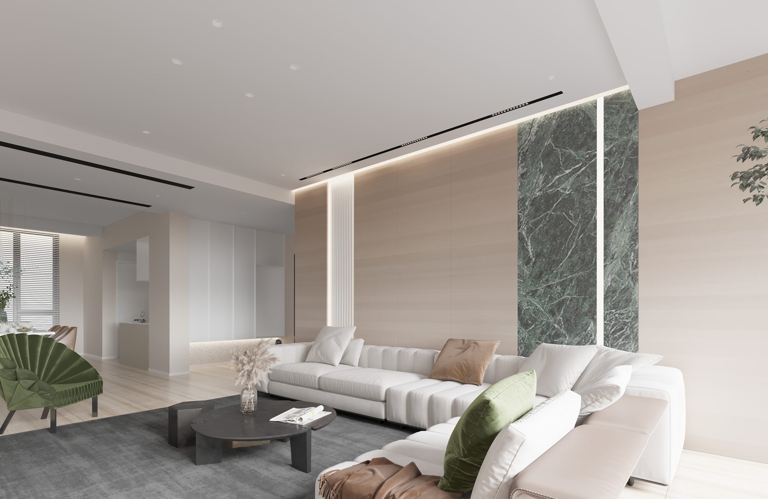 Beige wood laminate wall panel with matte finish in modern living room interior with white furniture and green accents