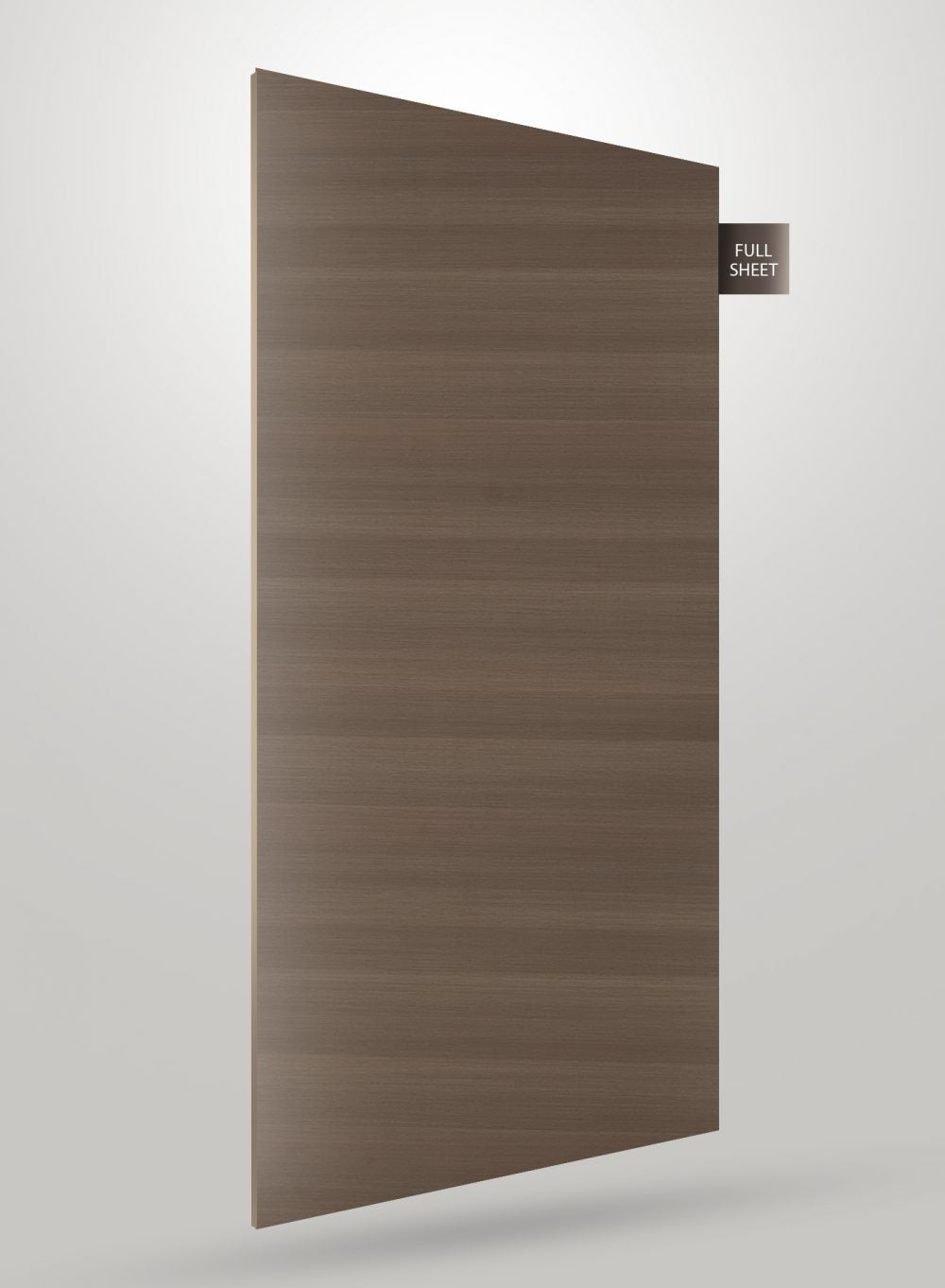 Grey wood grain decorative laminate sheet with matte finish and visible texture, labeled full sheet.