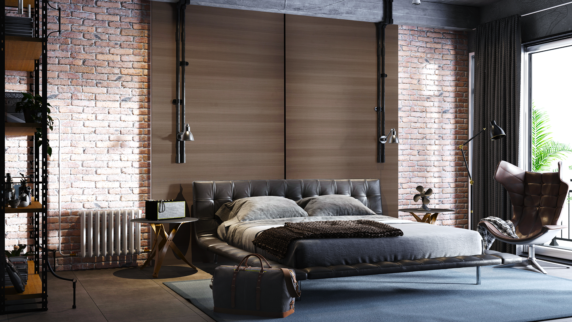 Grey wood laminate wall with matte finish and wood grain texture in modern bedroom interior design setting.