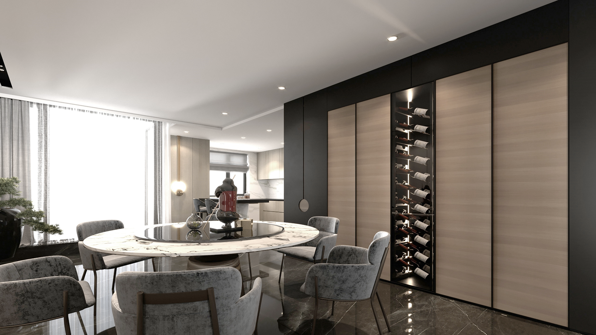 Beige wood grain laminate wall panels with matte finish in modern dining room interior with wine storage unit
