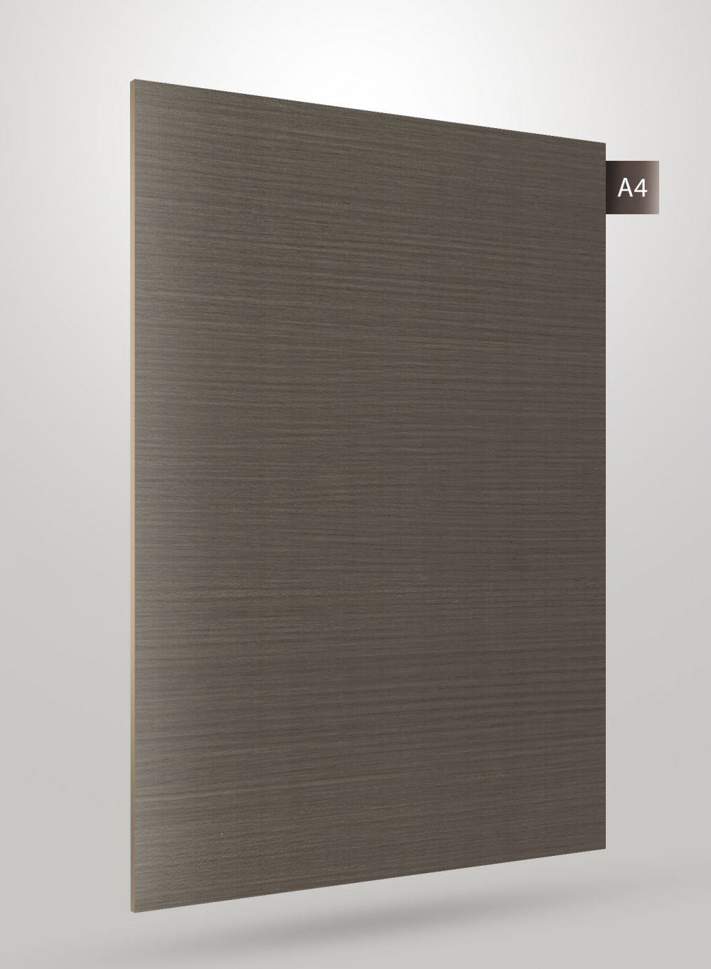 Grey wood grain decorative laminate with matte finish and linear texture, showing wood pattern and subtle grain details.
