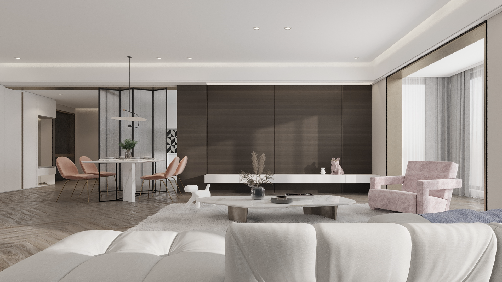 Grey wood laminate wall with matte finish in modern living room setting with furniture and decor items around it