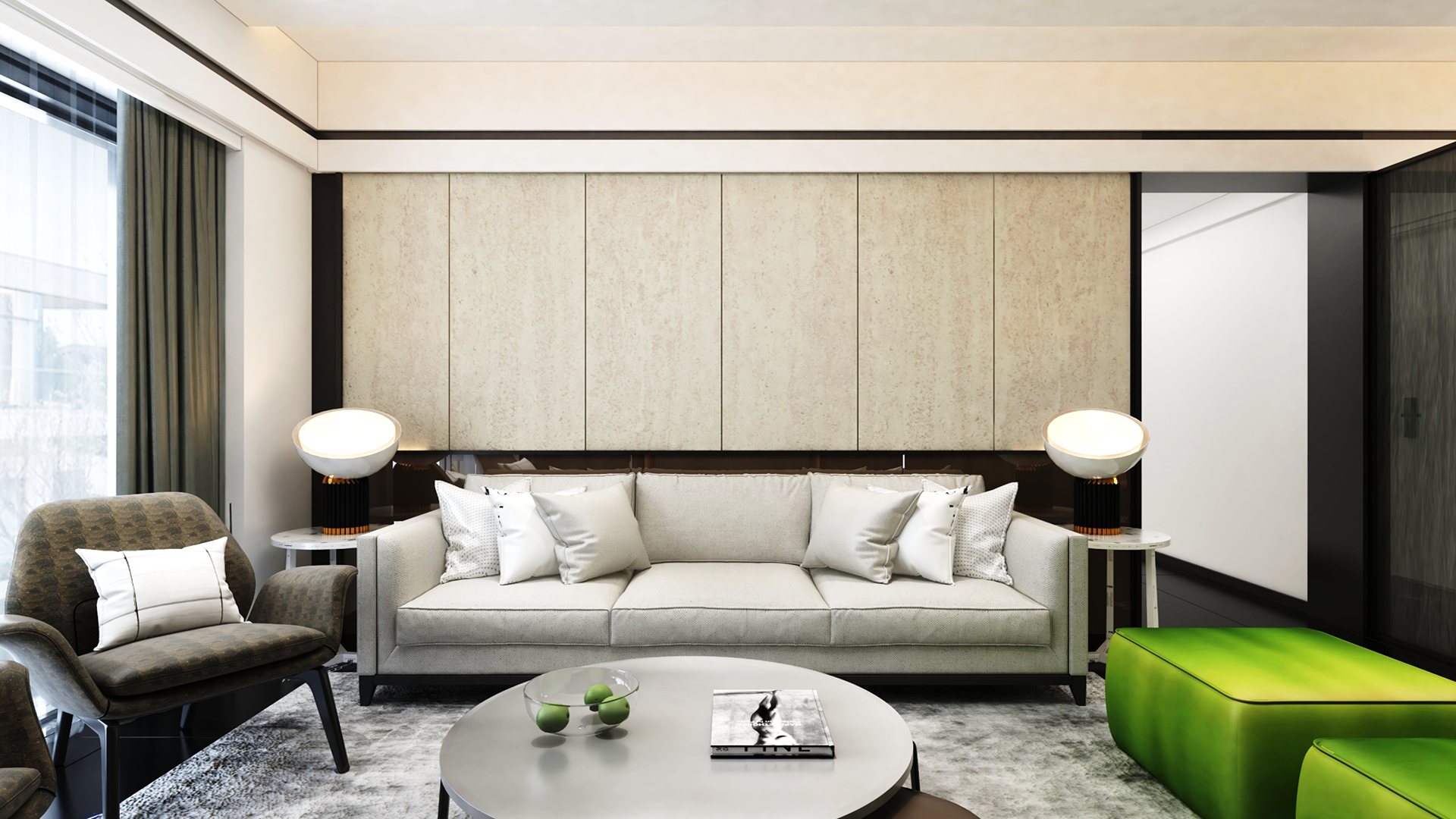 Marble laminate wall panel with subtle texture and matte finish in a modern living room setting with neutral decor.