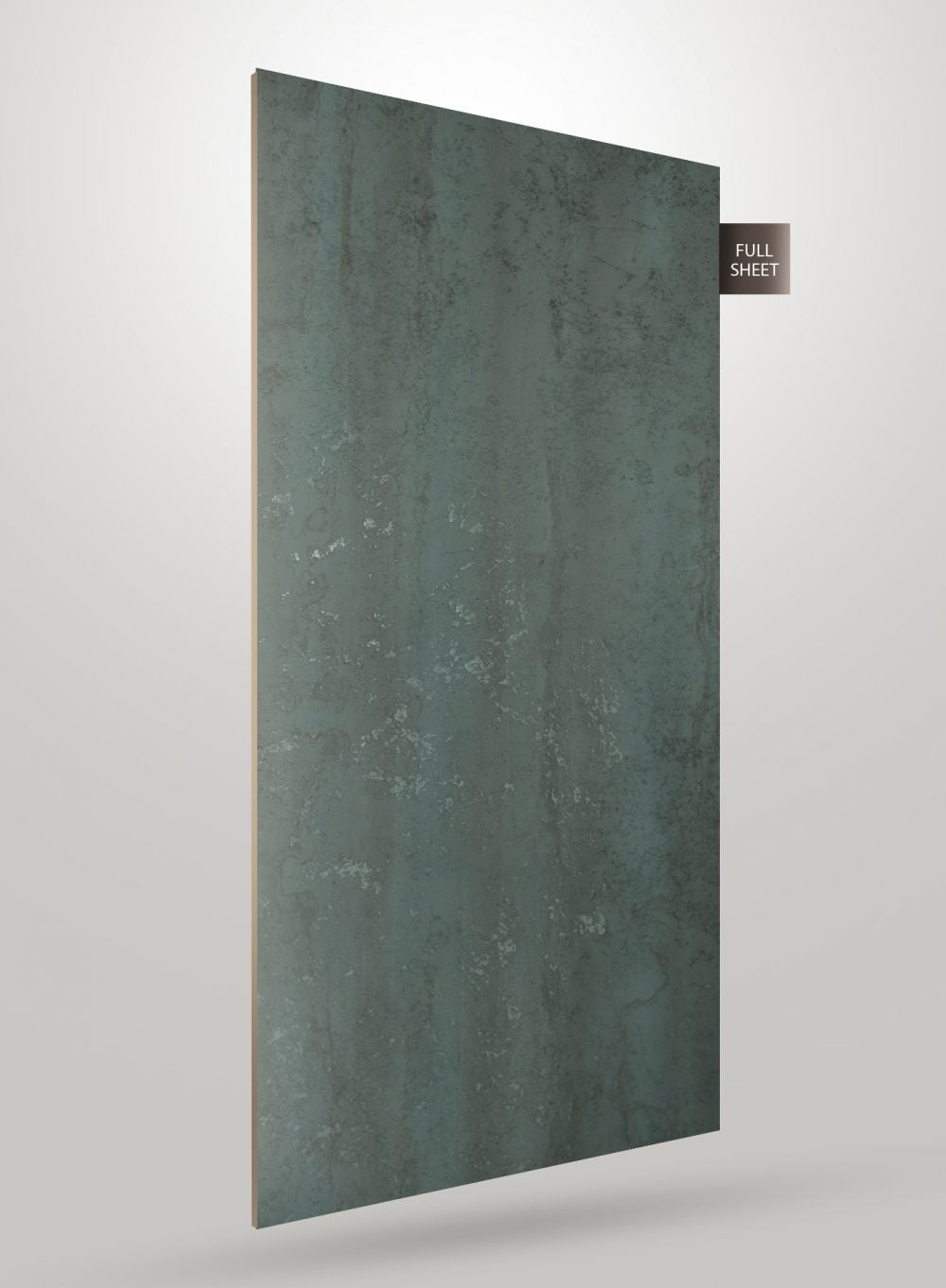 Green marble laminate sheet with matte finish and textured surface, showing full sheet view with visible edge