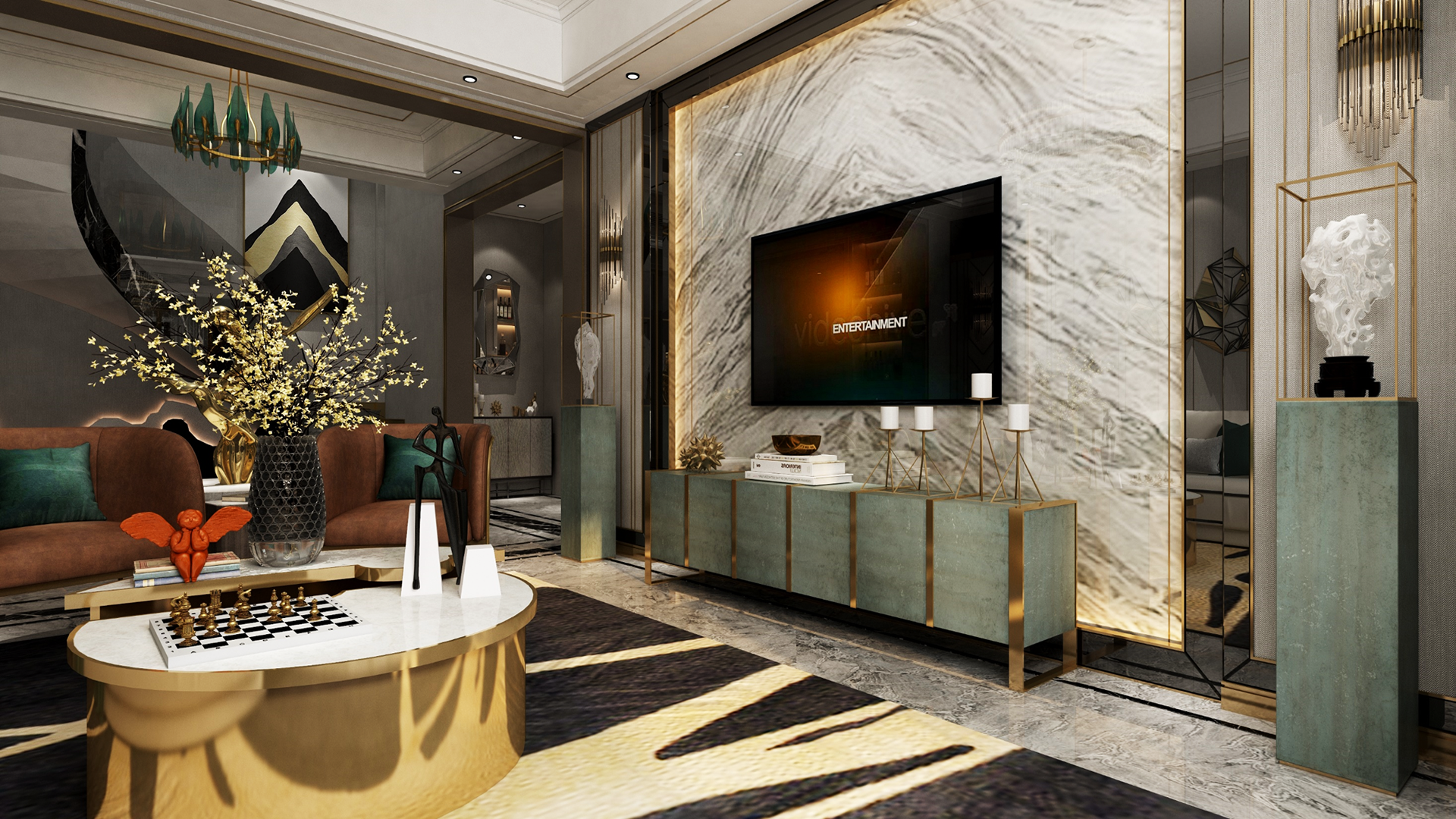 Marble laminate wall with veining pattern in modern living room with TV and decorative furniture and green accents.