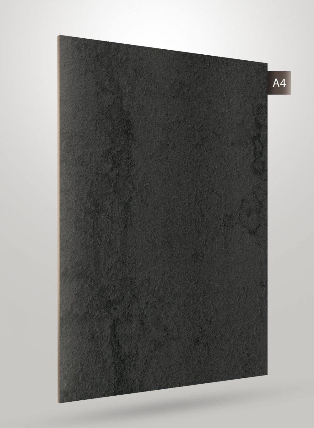 Dark grey stone laminate with matte finish and textured surface, displaying a subtle natural stone pattern and rough texture.