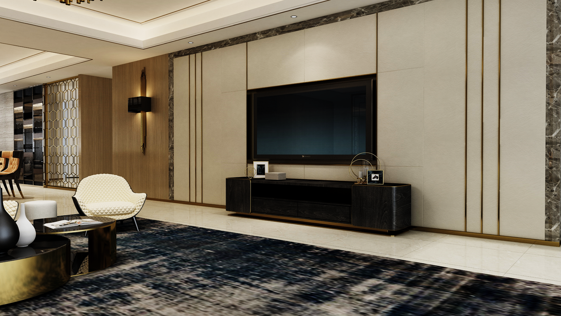 Beige matte laminate wall paneling in a modern living room with dark marble accents and sleek furniture.