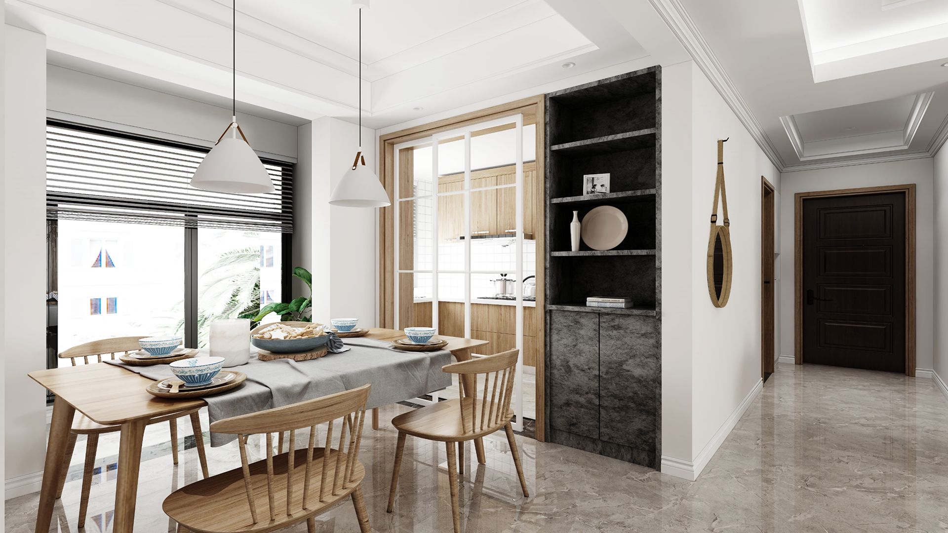 Brown marble laminate with matte finish used on built-in shelving unit in modern dining area with wooden furniture and decor.