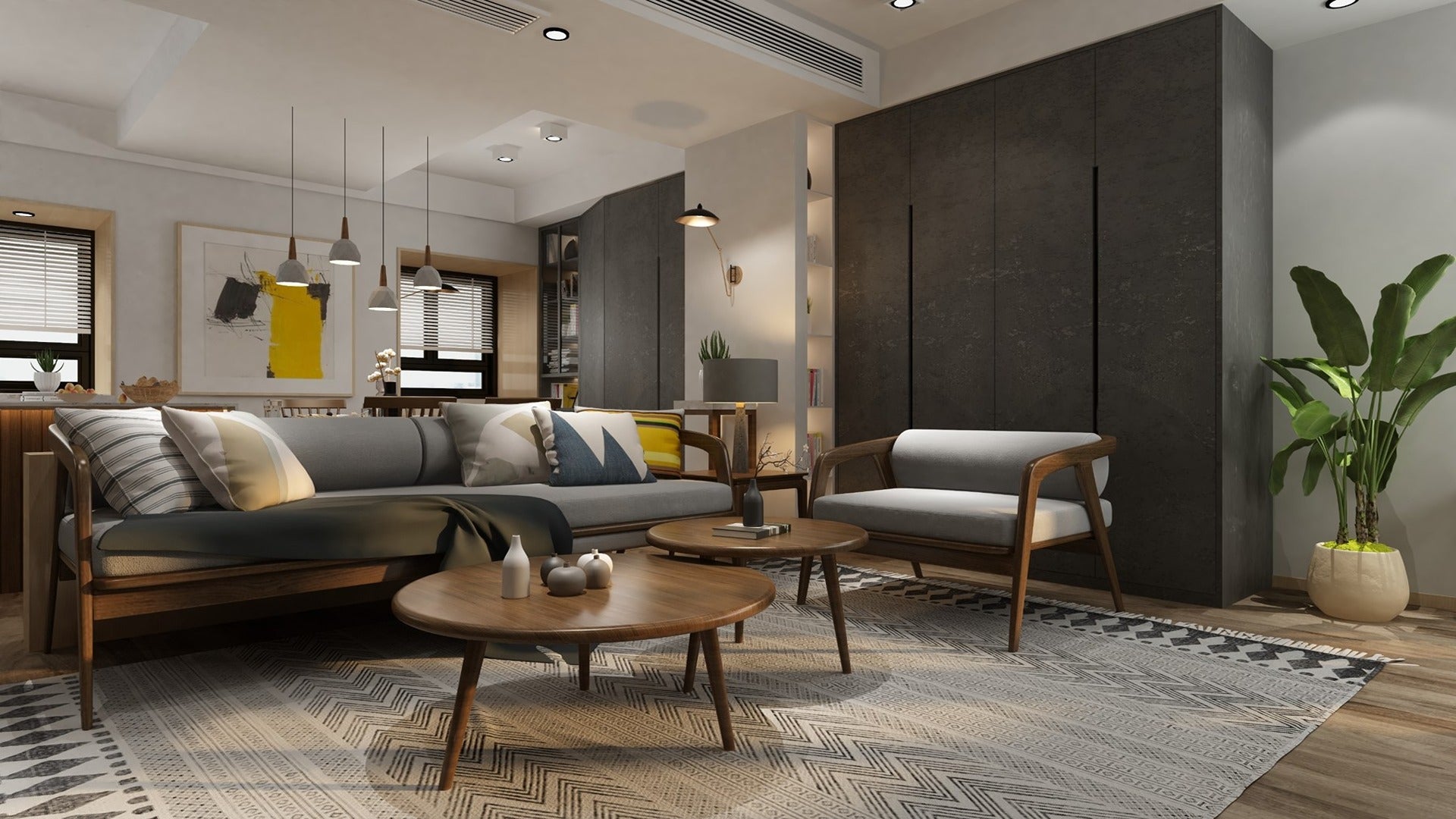 Brown marble laminate wall panel in modern living room with gray furniture and patterned rug