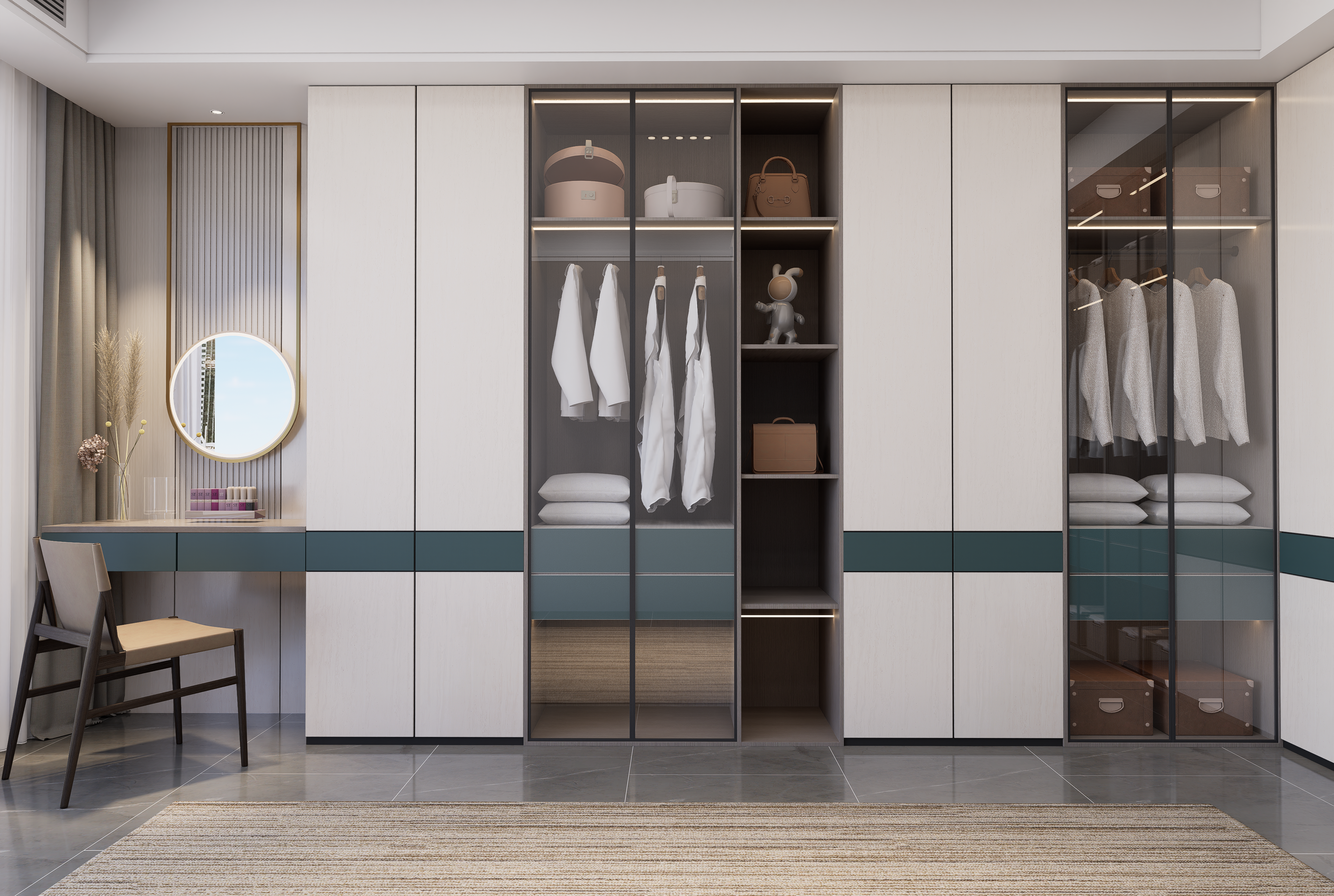 Beige marble laminate wall with matte finish used in modern closet with storage and dressing area.