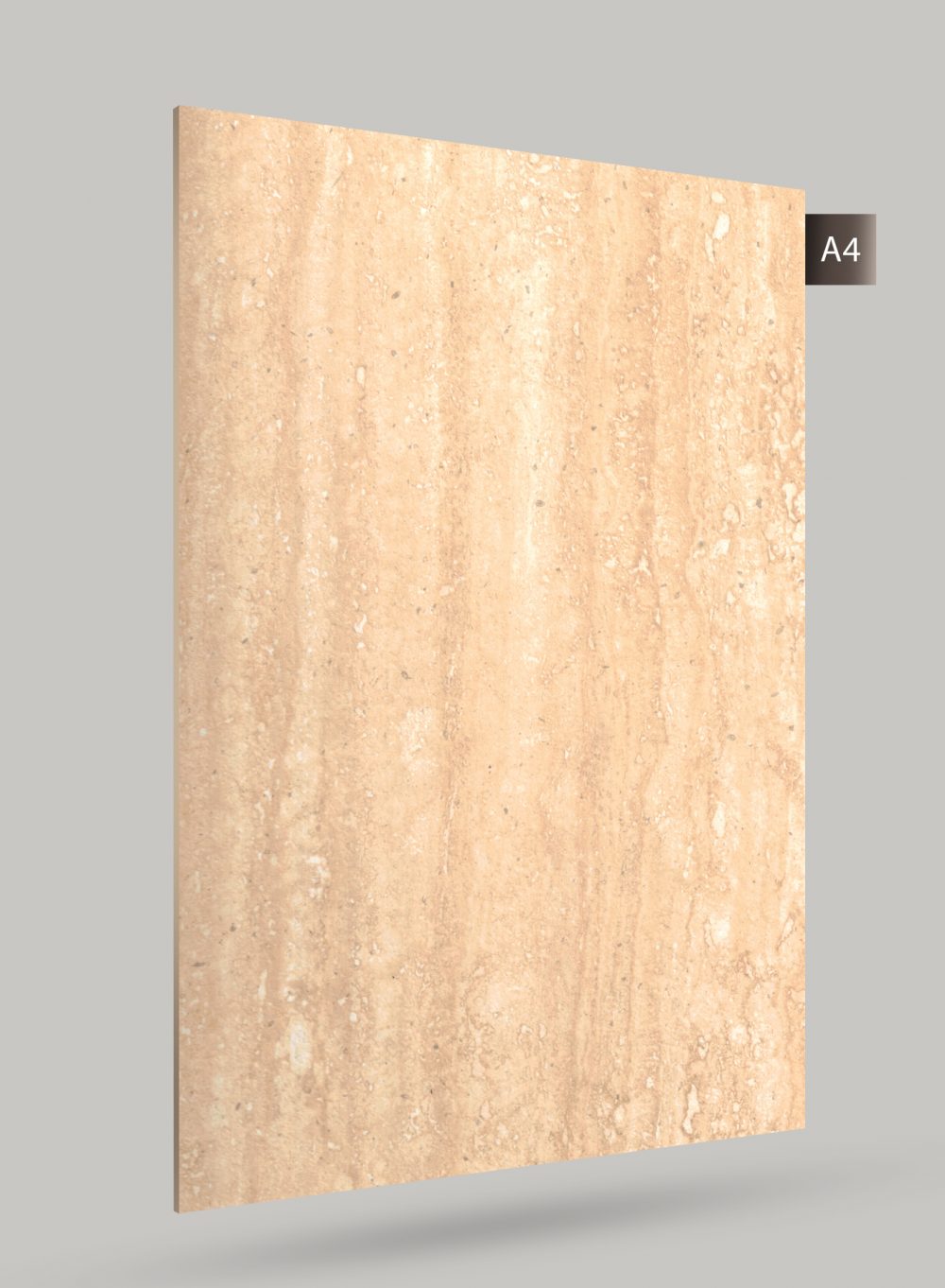 Beige marble laminate sheet with matte finish and speckled pattern, displaying a natural stone texture and subtle veining