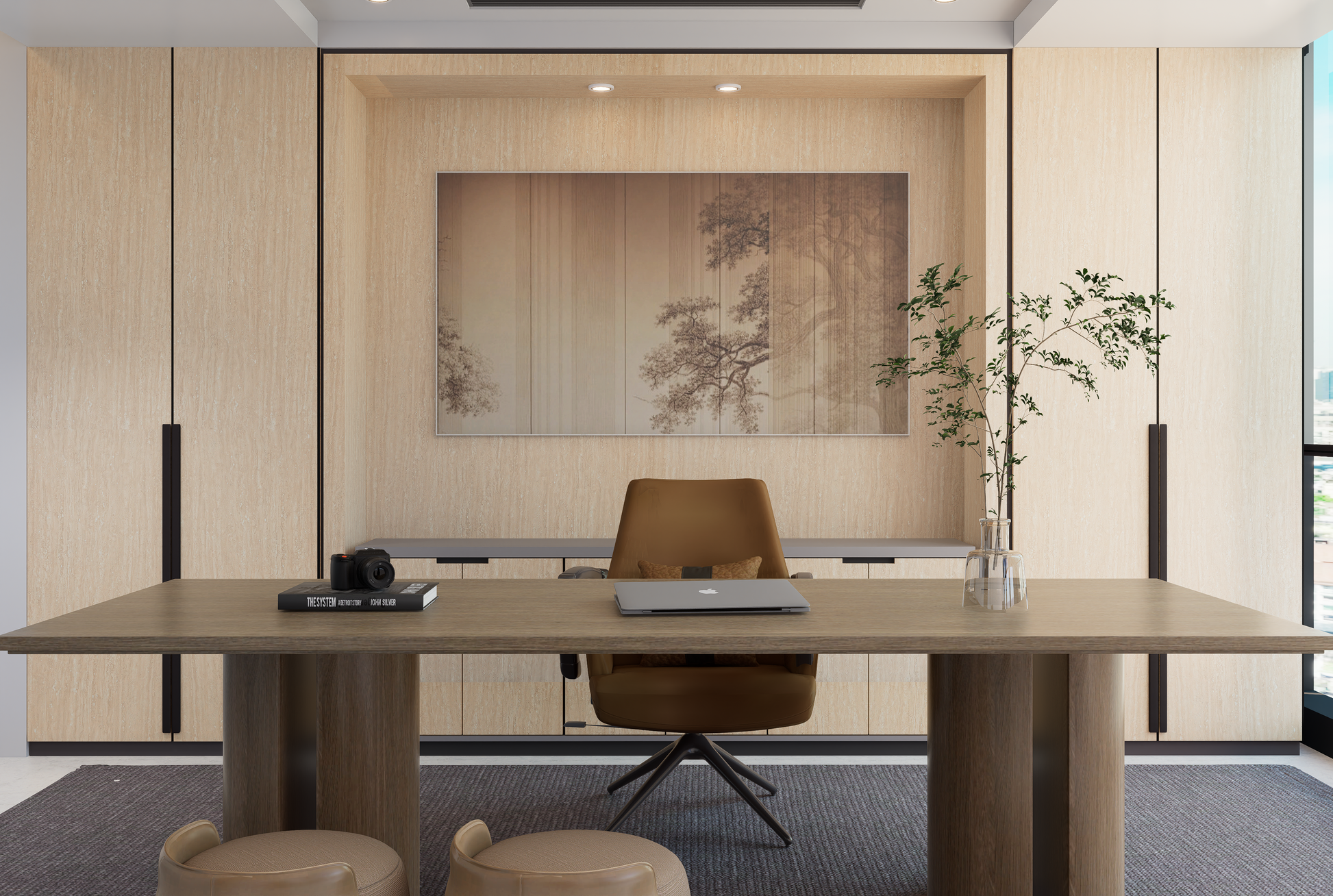 Beige matte laminate wall and furniture in modern office with tree painting and greenery, showcasing subtle wood grain
