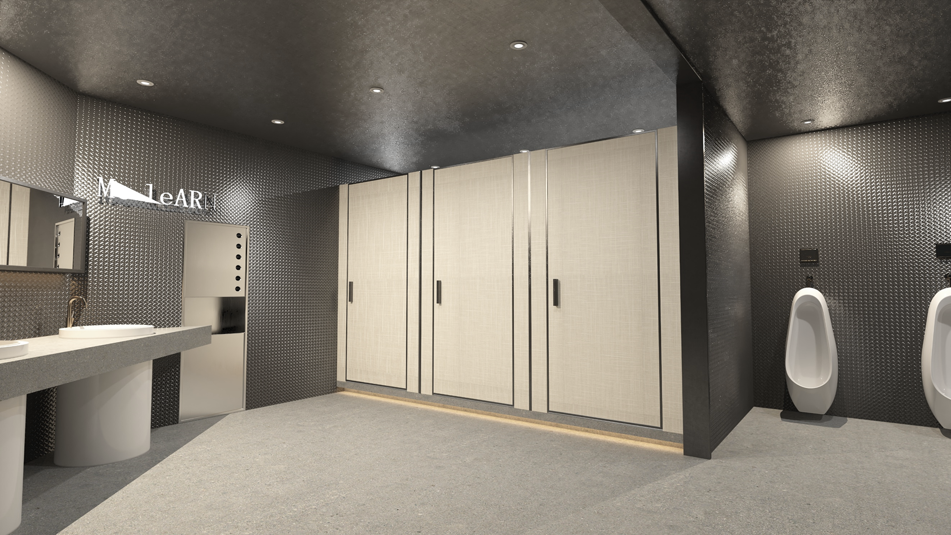 Matte patterned laminate wall with textured finish in modern bathroom setting with urinals and storage cabinets