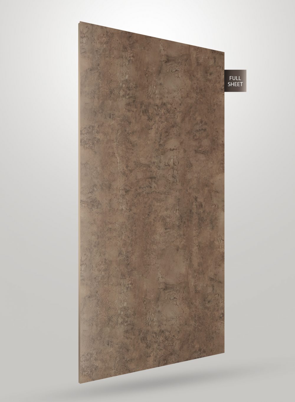 Brown marble laminate sheet with matte finish and textured pattern, shown as full sheet with visible surface detail