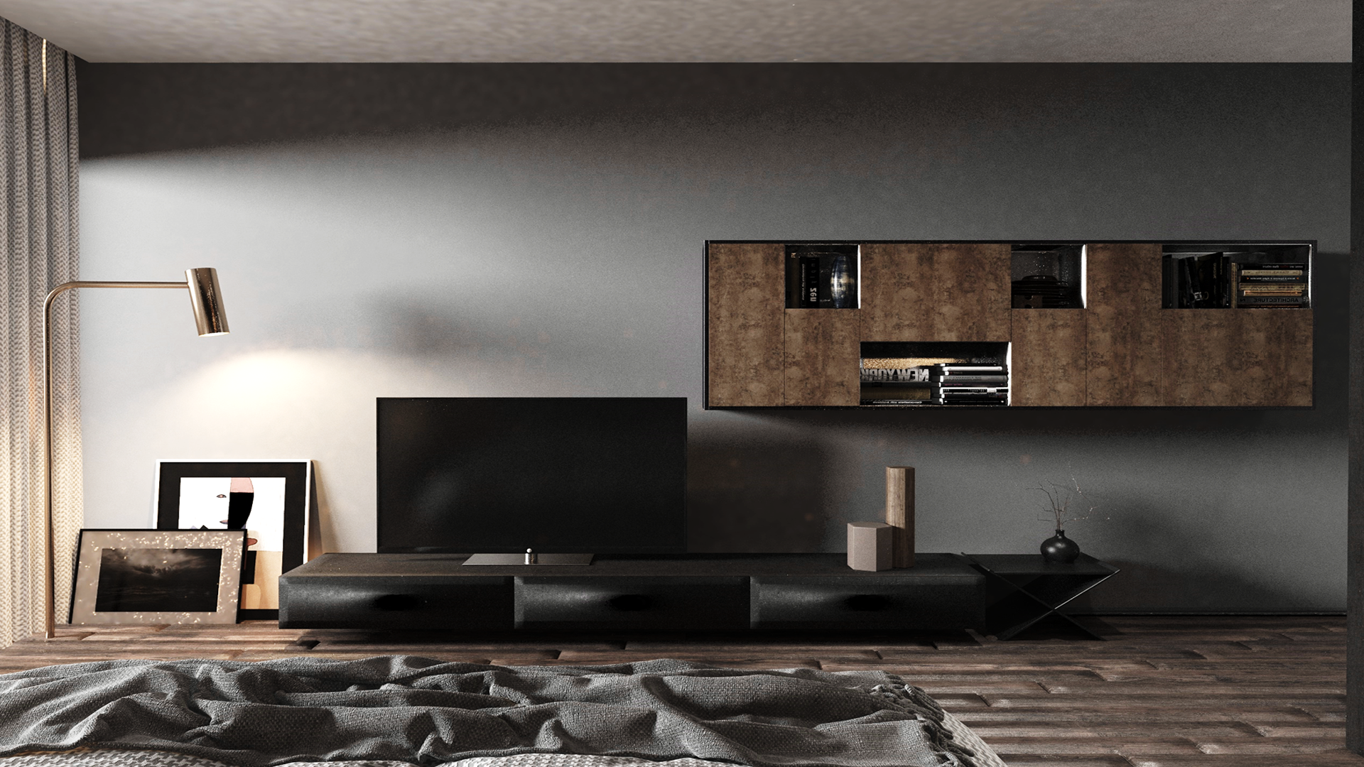 Brown marble laminate wall unit and black TV console in modern living room with dark wood flooring and minimalist decor.
