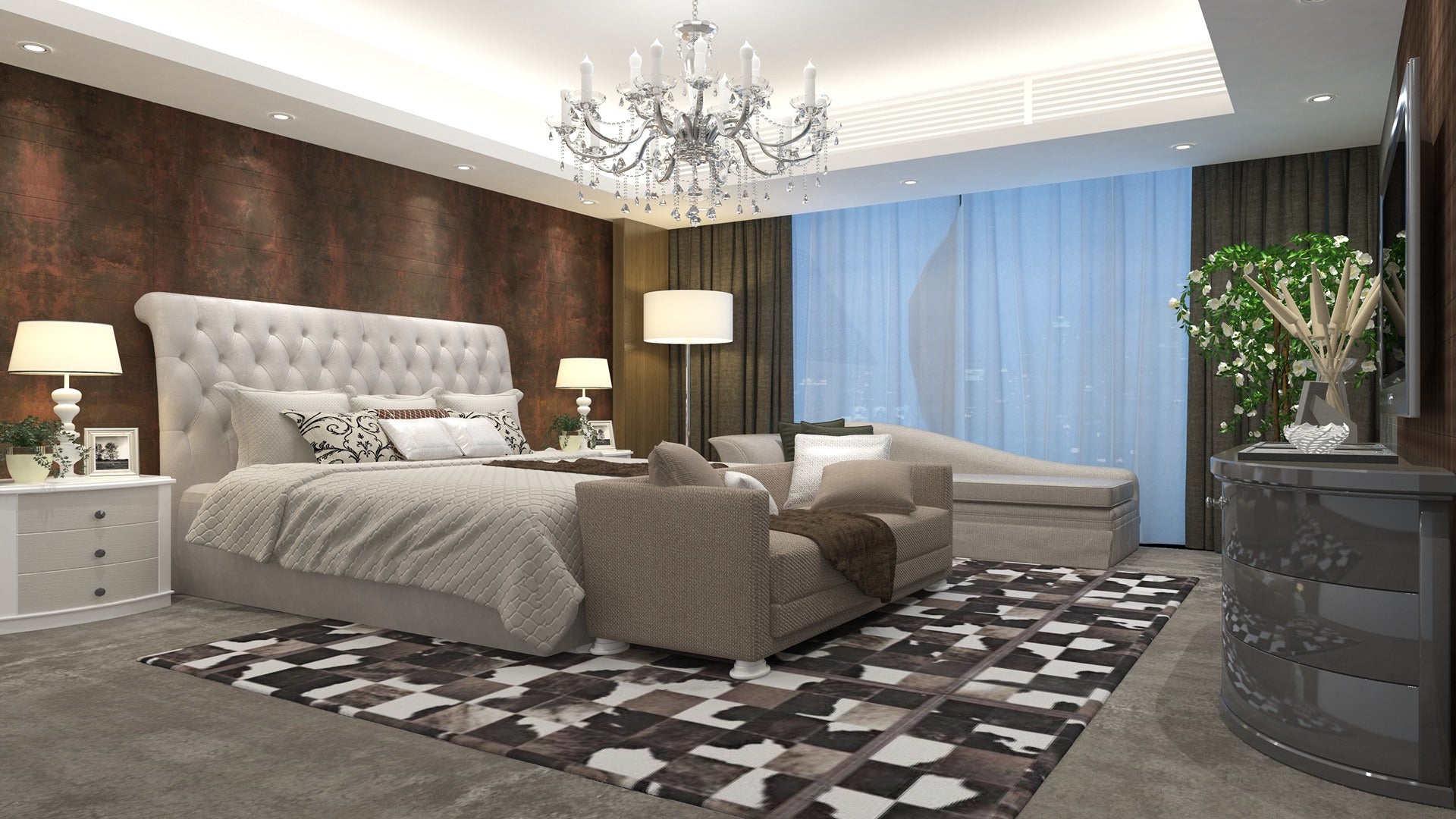 Brown marble laminate wall in modern bedroom with beige furniture and chandelier, showcasing matte finish and textured