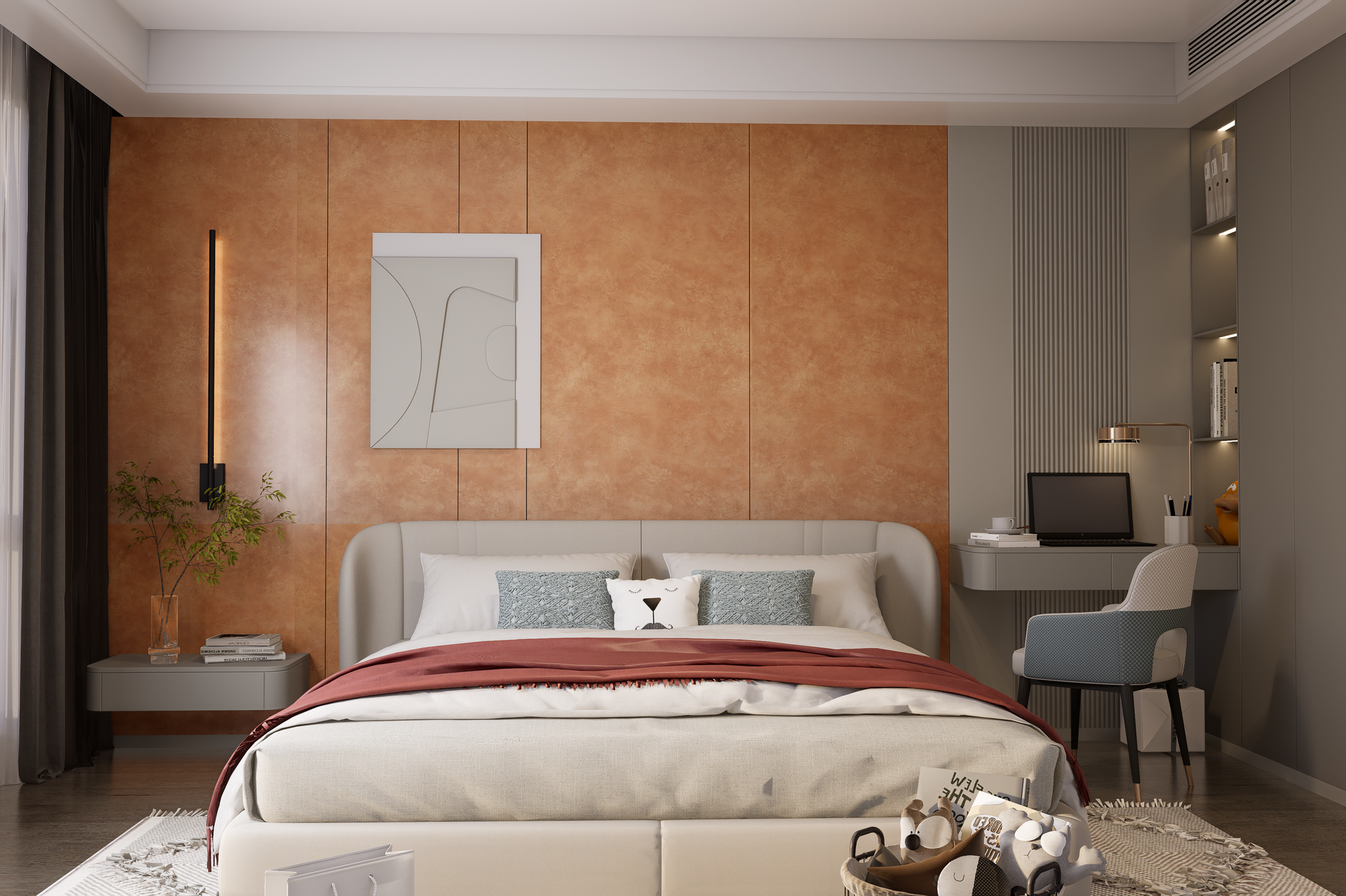 Brown matte laminate wall panel with textured finish in modern bedroom interior with minimalist decor and soft lighting.