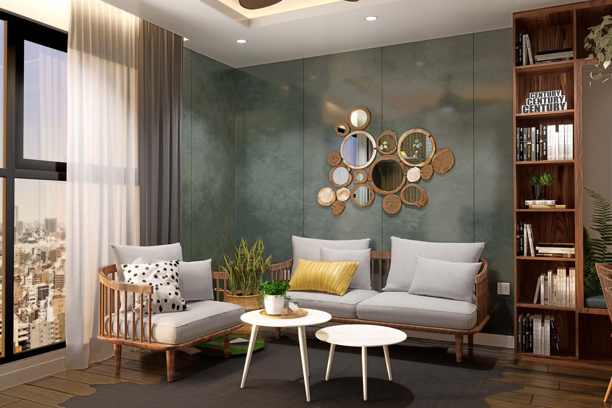Green matte stone laminate wall in modern living room with wooden furniture and decorative mirrors and plants.