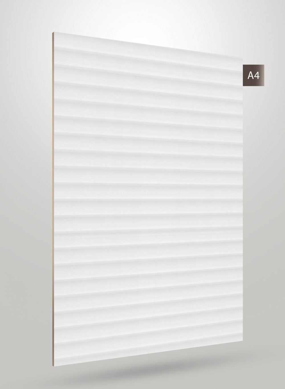 White fluted laminate sheet with matte finish and horizontal ridges, showcasing a decorative interior design material.