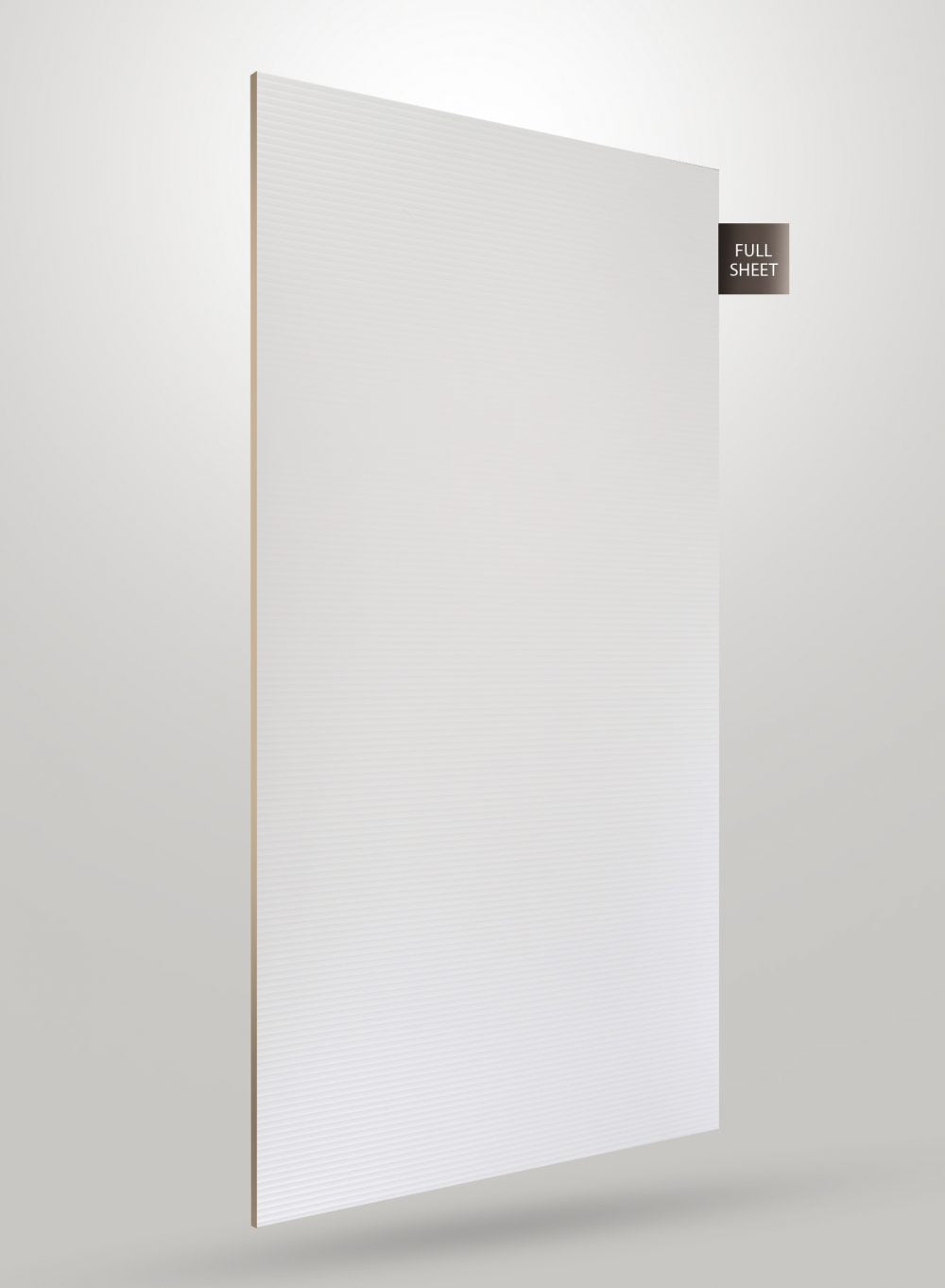 White decorative laminate sheet with fluted pattern and matte finish, shown full sheet with visible texture and subtle sheen.