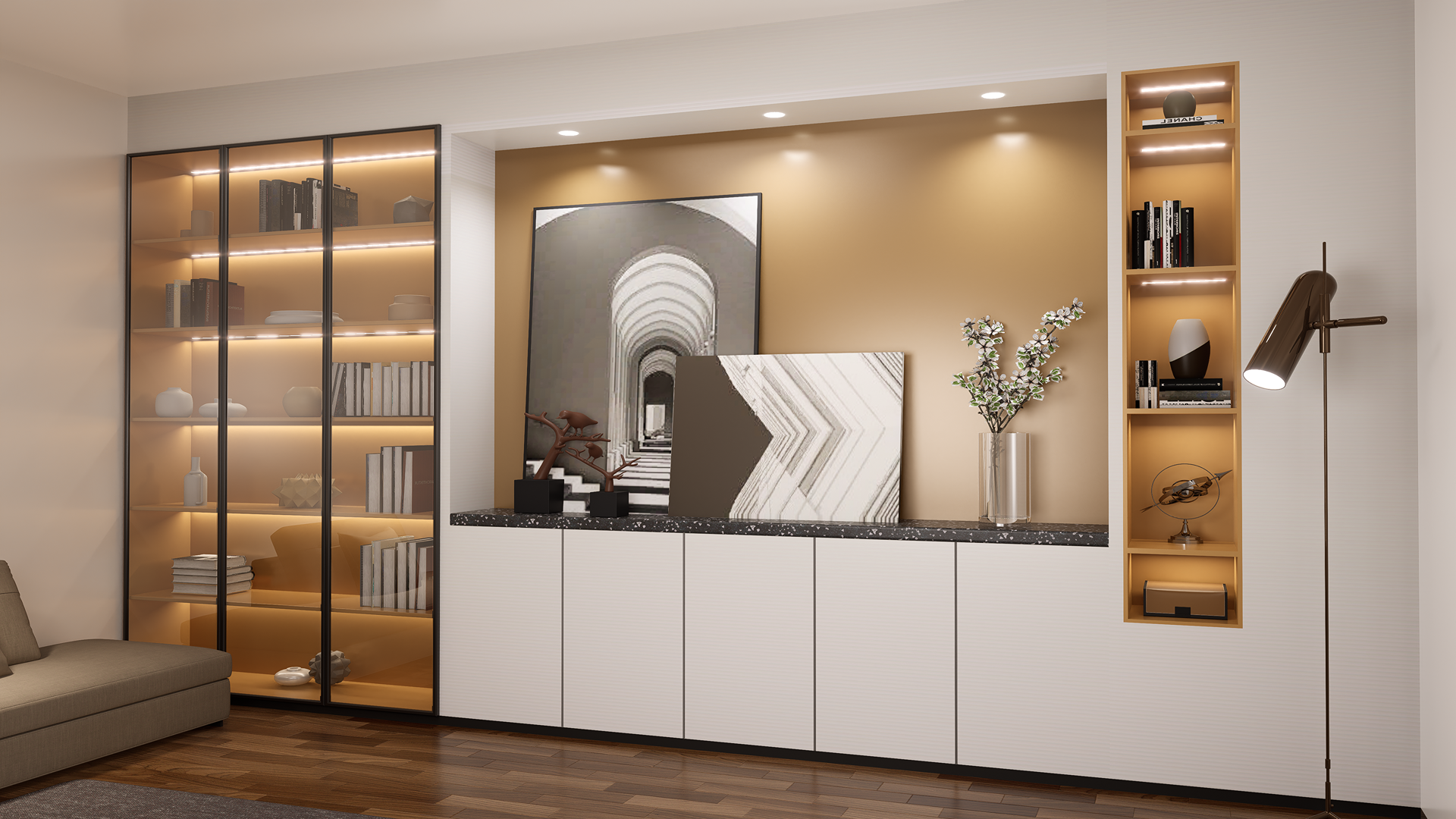 White decorative laminate with fluted pattern and matte finish used on modern cabinet doors in a stylish living room.