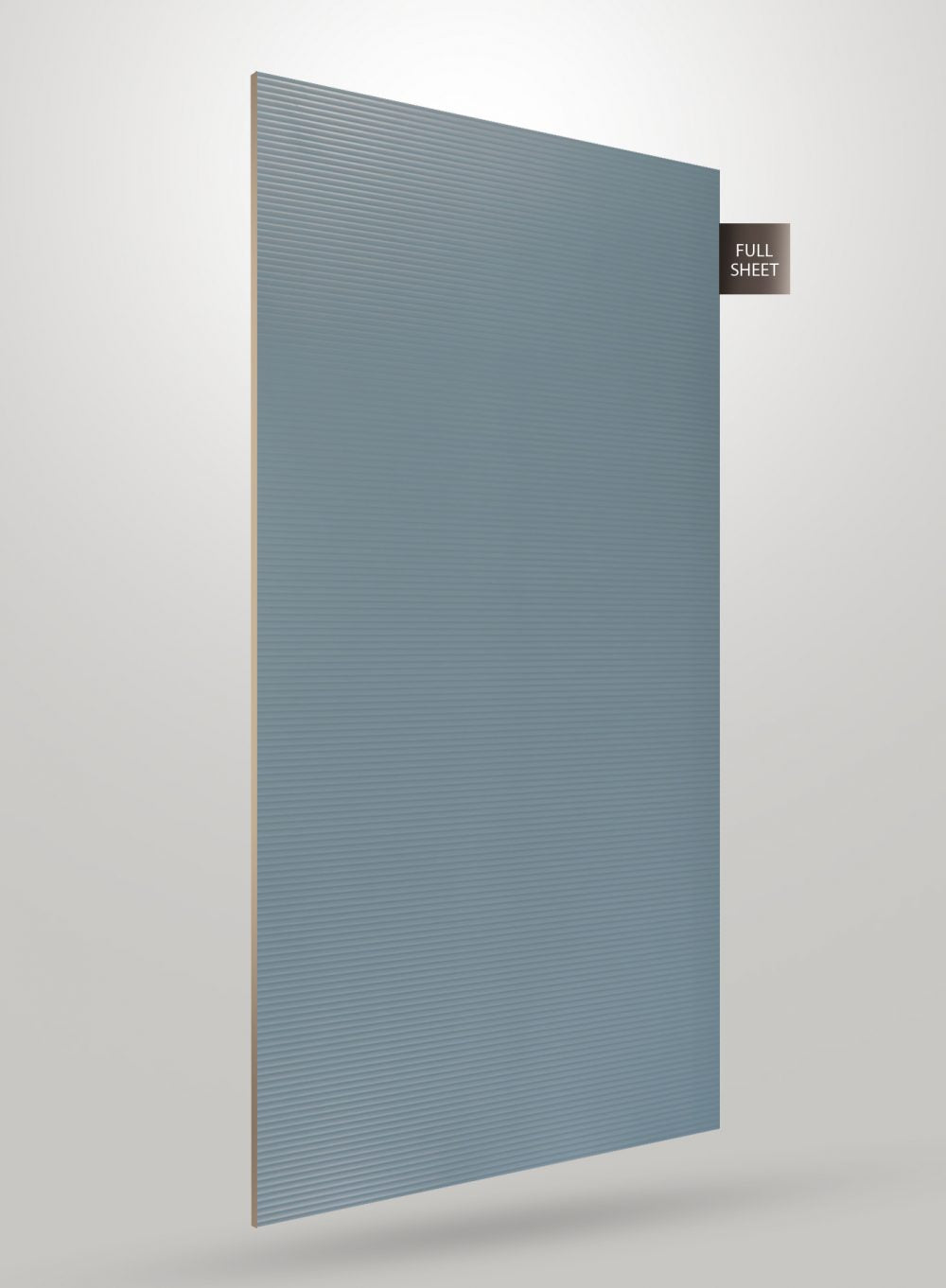 Grey decorative laminate with fluted pattern and matte finish, showing full sheet with subtle texture and horizontal ridges.
