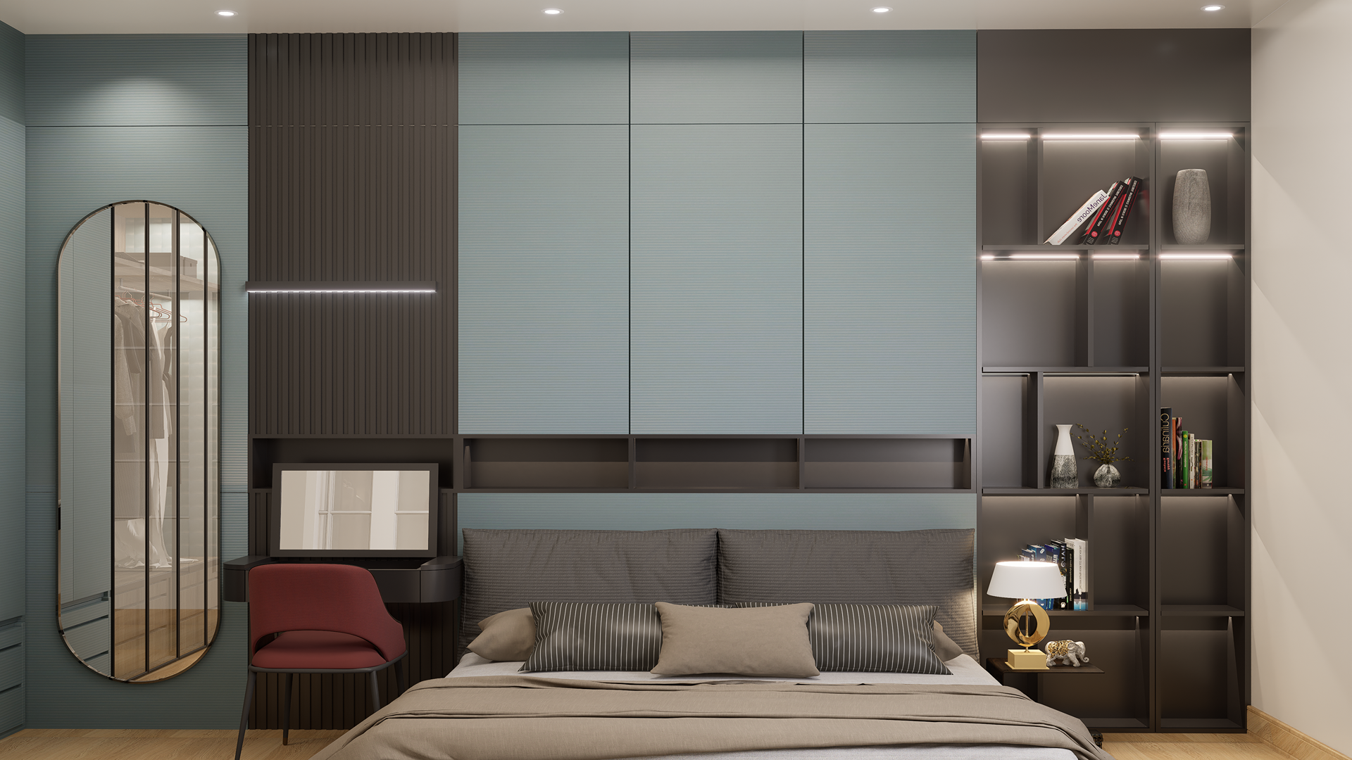 Grey fluted laminate wall panels with matte finish in modern bedroom setting with built-in shelving and decorative elements.