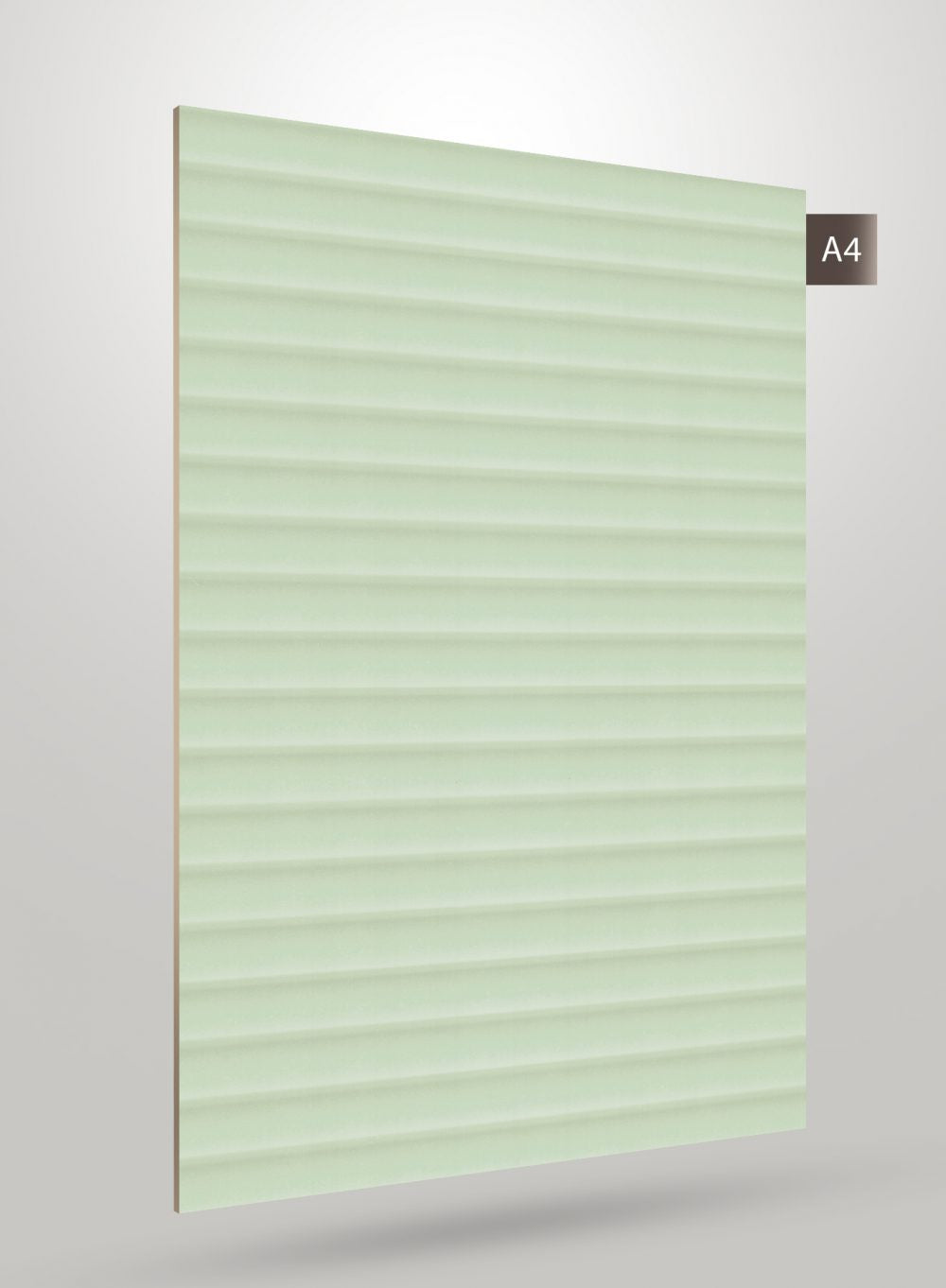 Matte green fluted laminate with horizontal ridges and smooth texture, decorative interior material sheet.