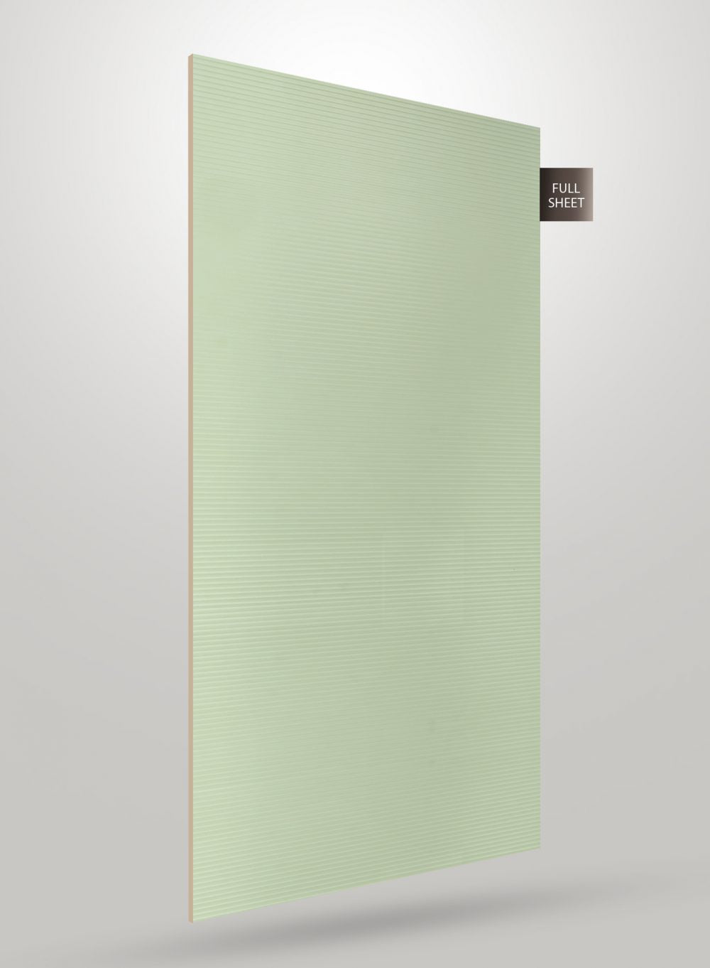 Green fluted decorative laminate with matte finish and horizontal ridges, shown as a full sheet.