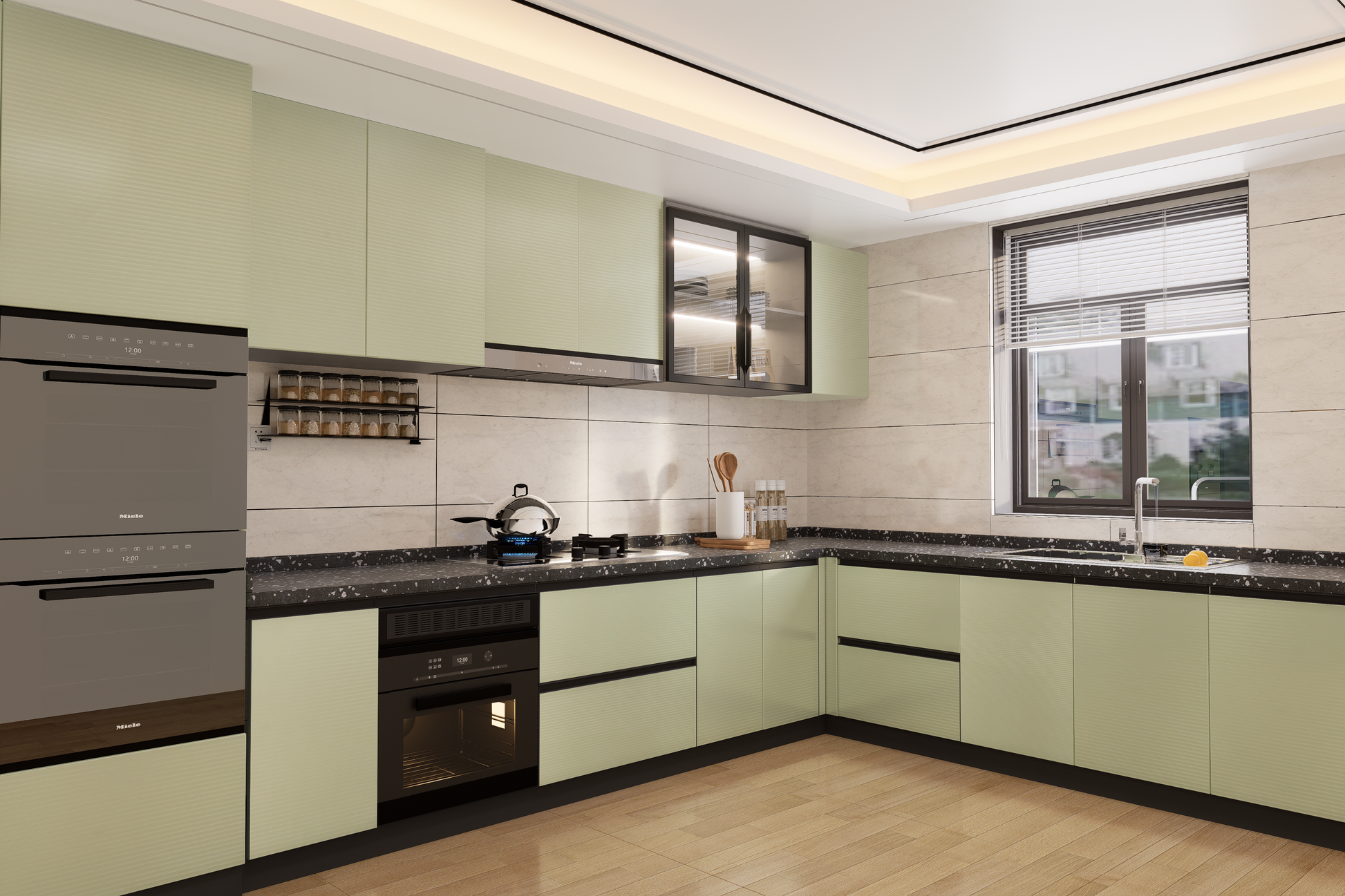 Green fluted laminate kitchen cabinets with matte finish and textured surface in a modern kitchen setting.
