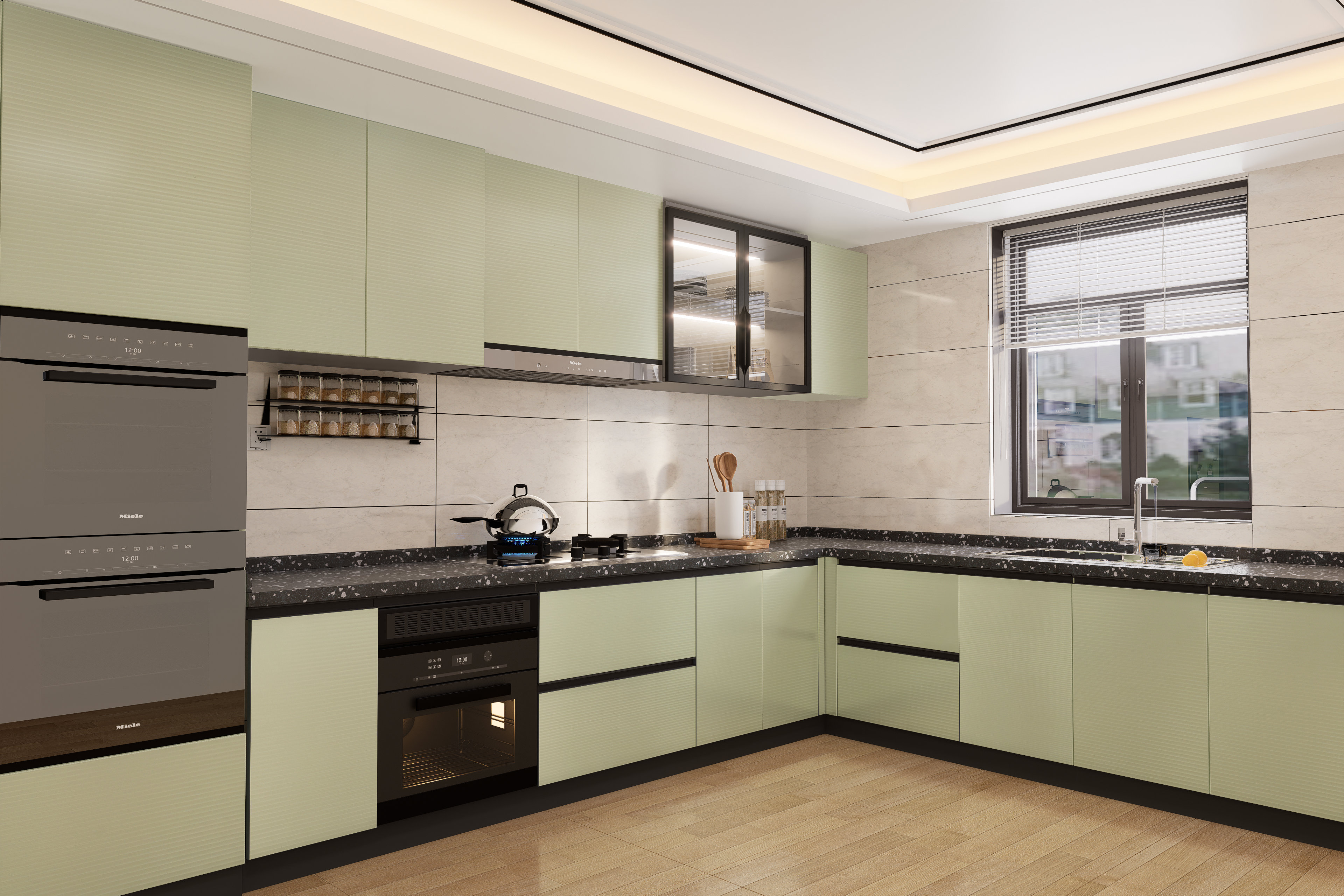 Green fluted laminate kitchen cabinets with matte finish and textured surface in a modern kitchen setting.