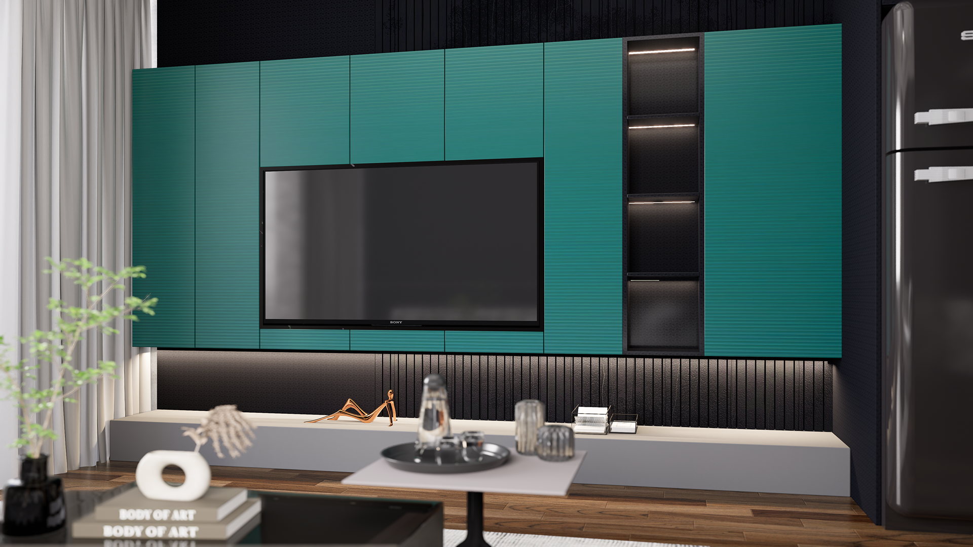 Green fluted laminate wall panels with matte finish in a modern living room setting with TV and furniture.