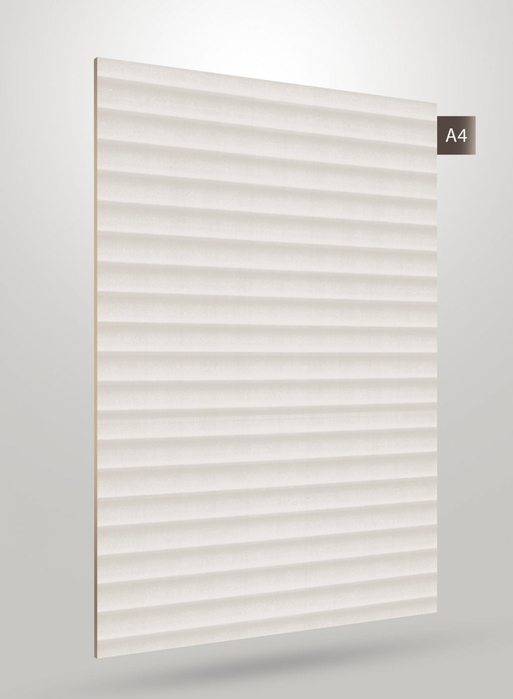 White matte decorative laminate with fluted pattern and horizontal grooves, showing texture and subtle sheen on its surface.