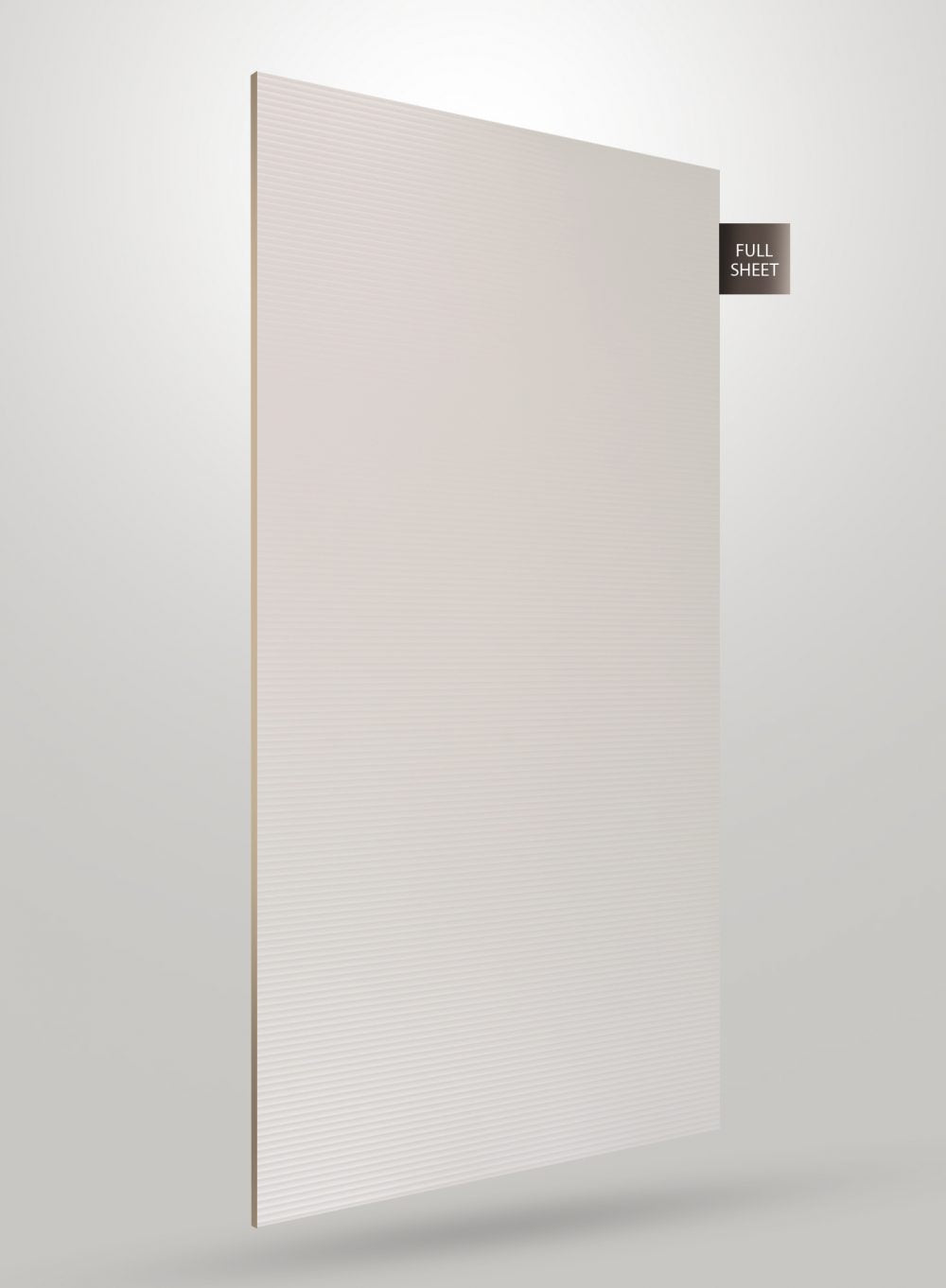 White decorative laminate sheet with fluted pattern and matte finish, labeled full sheet on a light gray background.