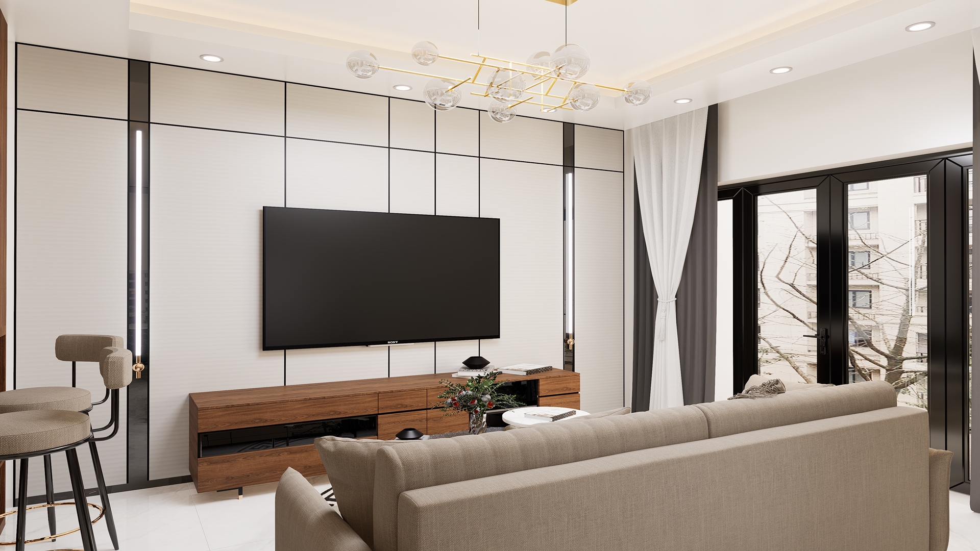 White fluted laminate wall panels with matte finish in a modern living room with TV and furniture.