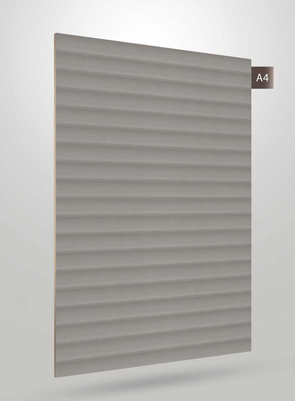 Grey fluted decorative laminate with matte finish and horizontal ridges.