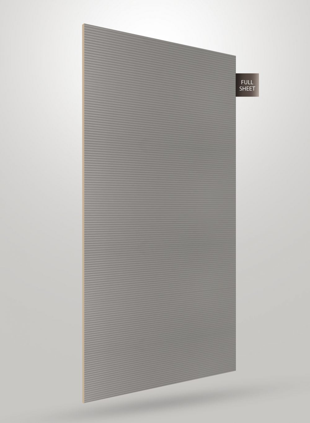 Grey fluted laminate sheet with matte finish and horizontal ridges, displayed as full sheet with visible texture and edges.