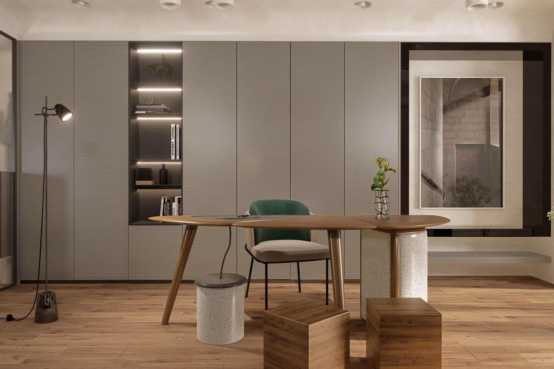 Grey fluted laminate wall panels with matte finish in a modern room setting with furniture and decor elements