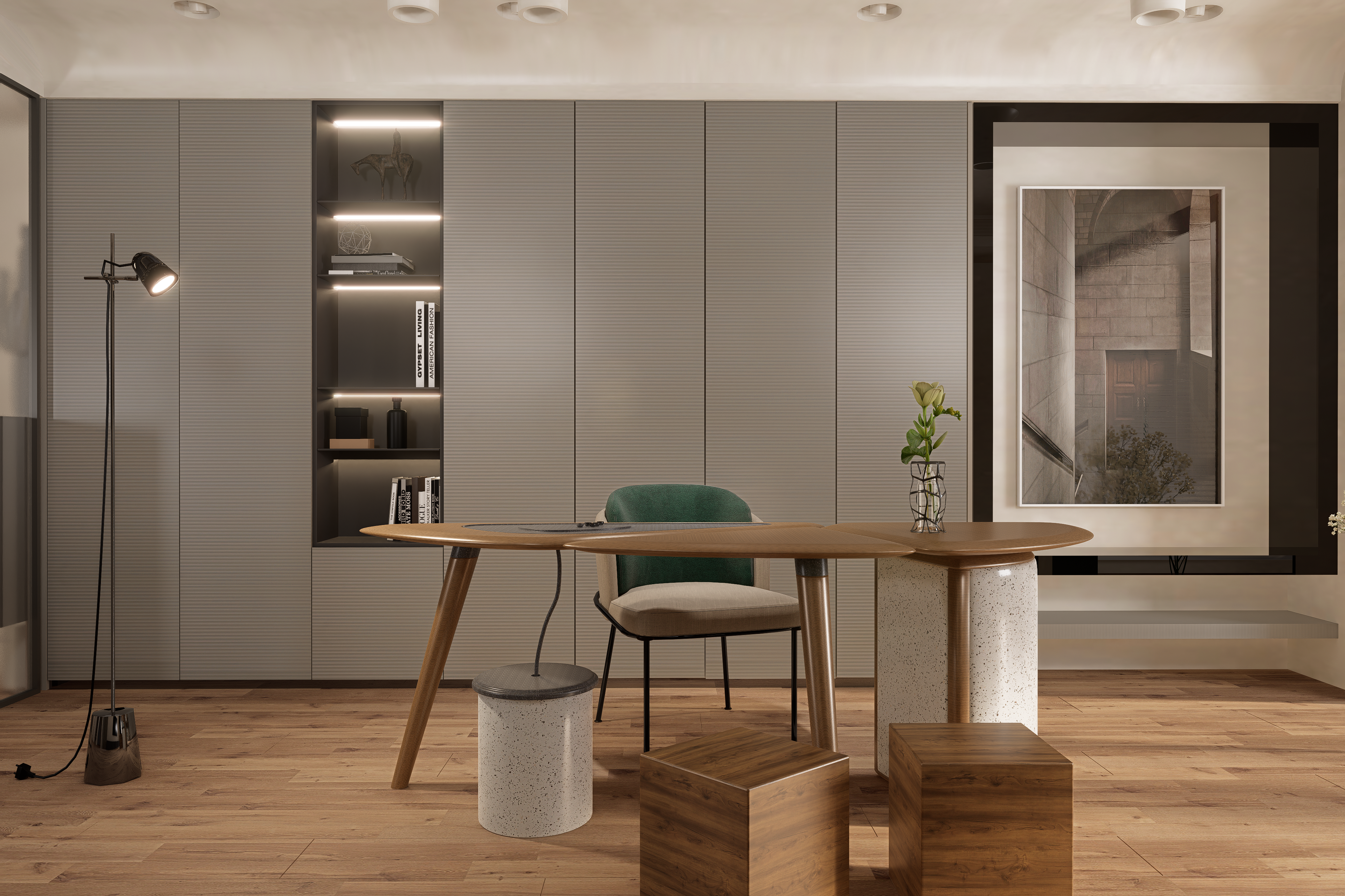 Grey fluted laminate wall panels with matte finish in a modern room setting with furniture and decor elements