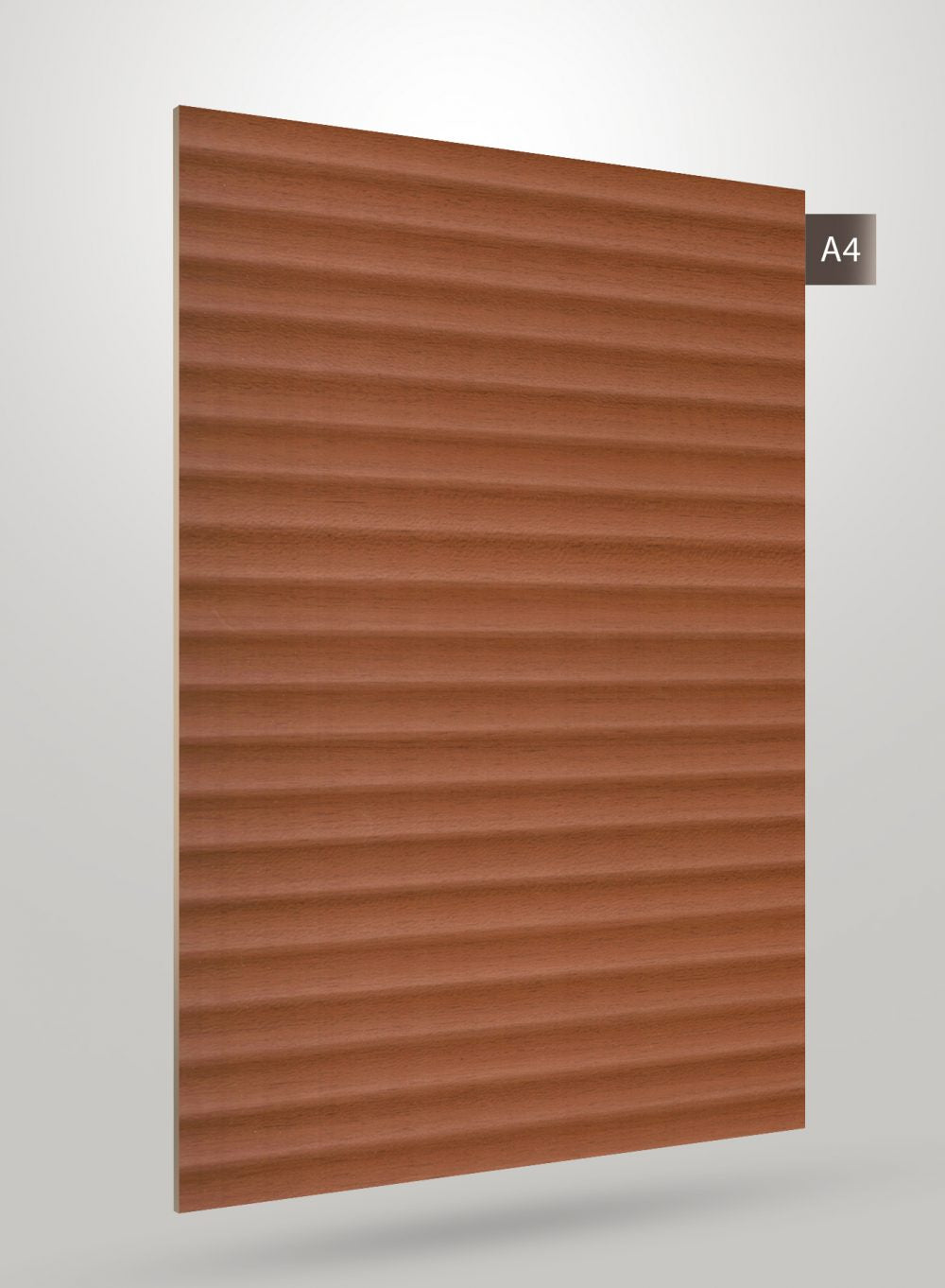 Brown decorative laminate with fluted pattern and matte finish, showing horizontal grooves and wood grain texture.