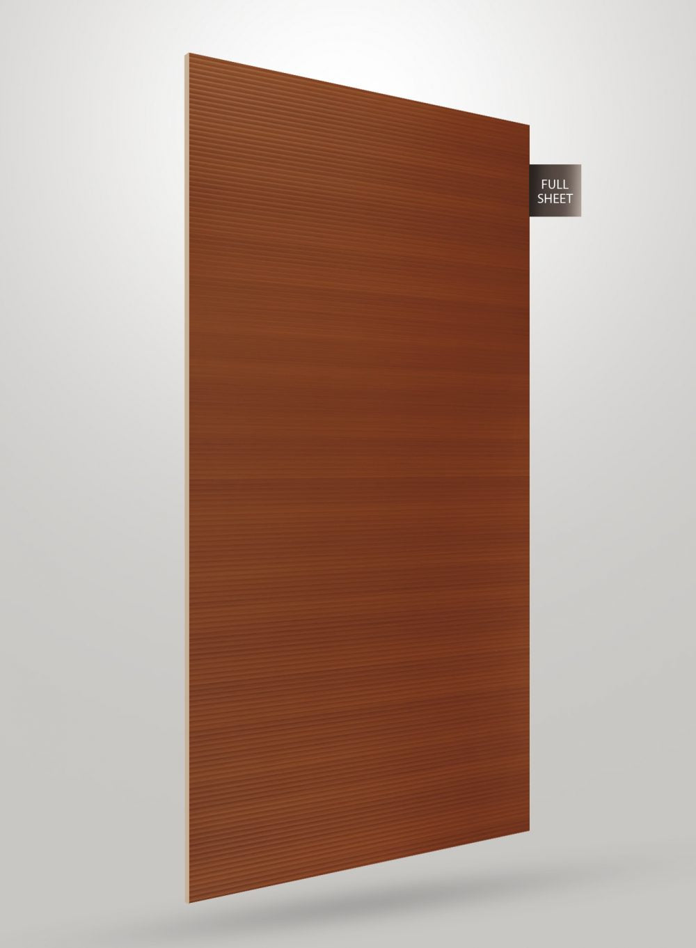 Brown decorative laminate sheet with fluted pattern and matte finish, labeled full sheet on a light gray background.