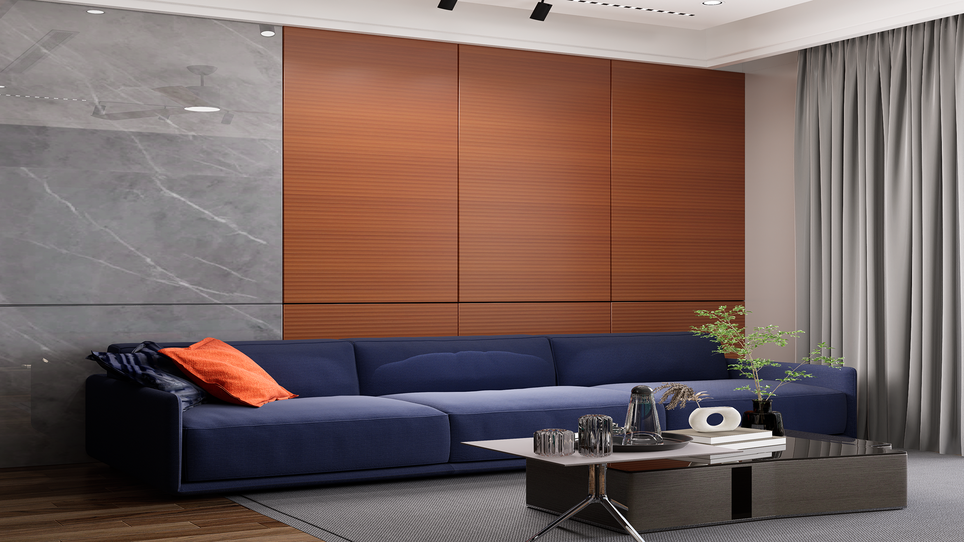 Brown fluted laminate wall panels with matte finish in a modern living room interior design setting